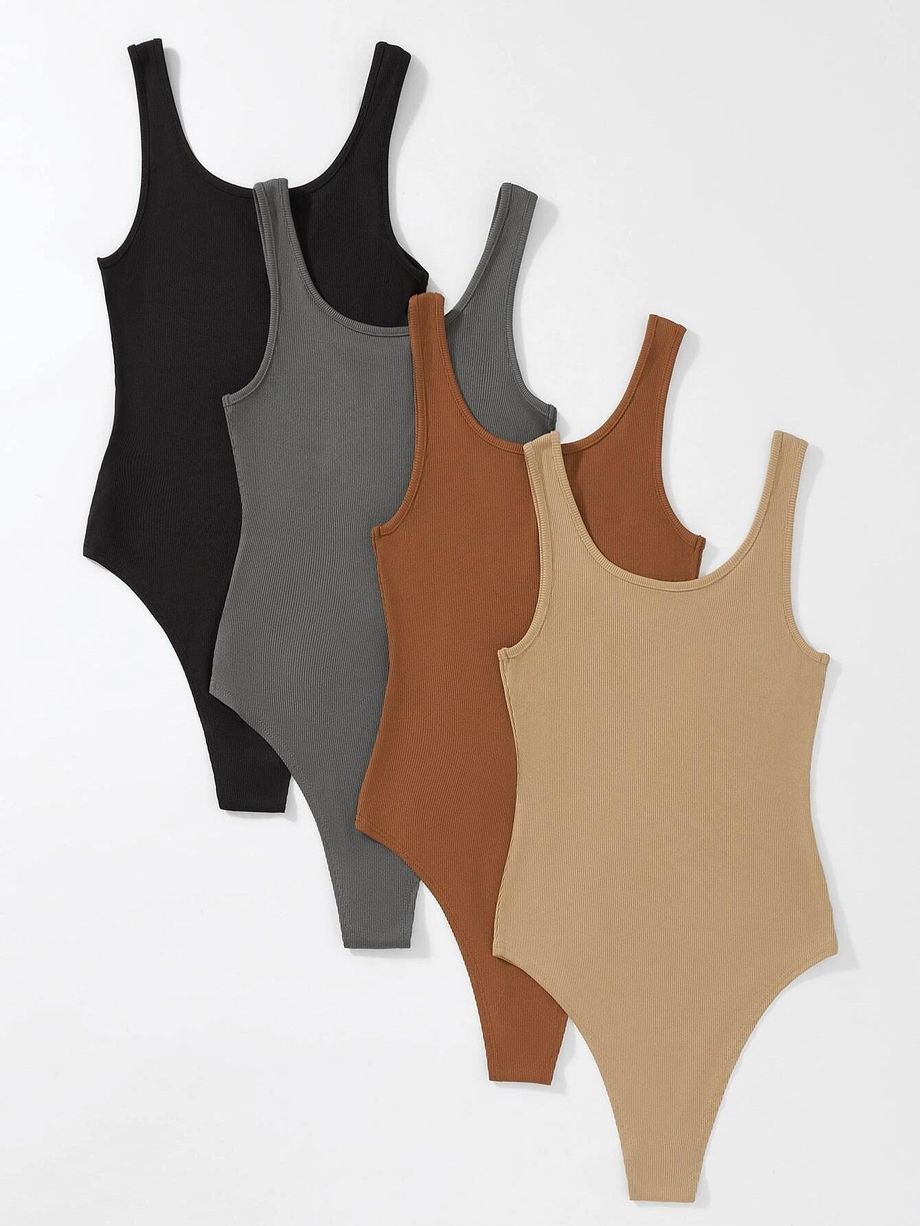 4 Pieces Ribbed Knit Notched Neck Tank Bodysuit-Comfy Jumpsuits