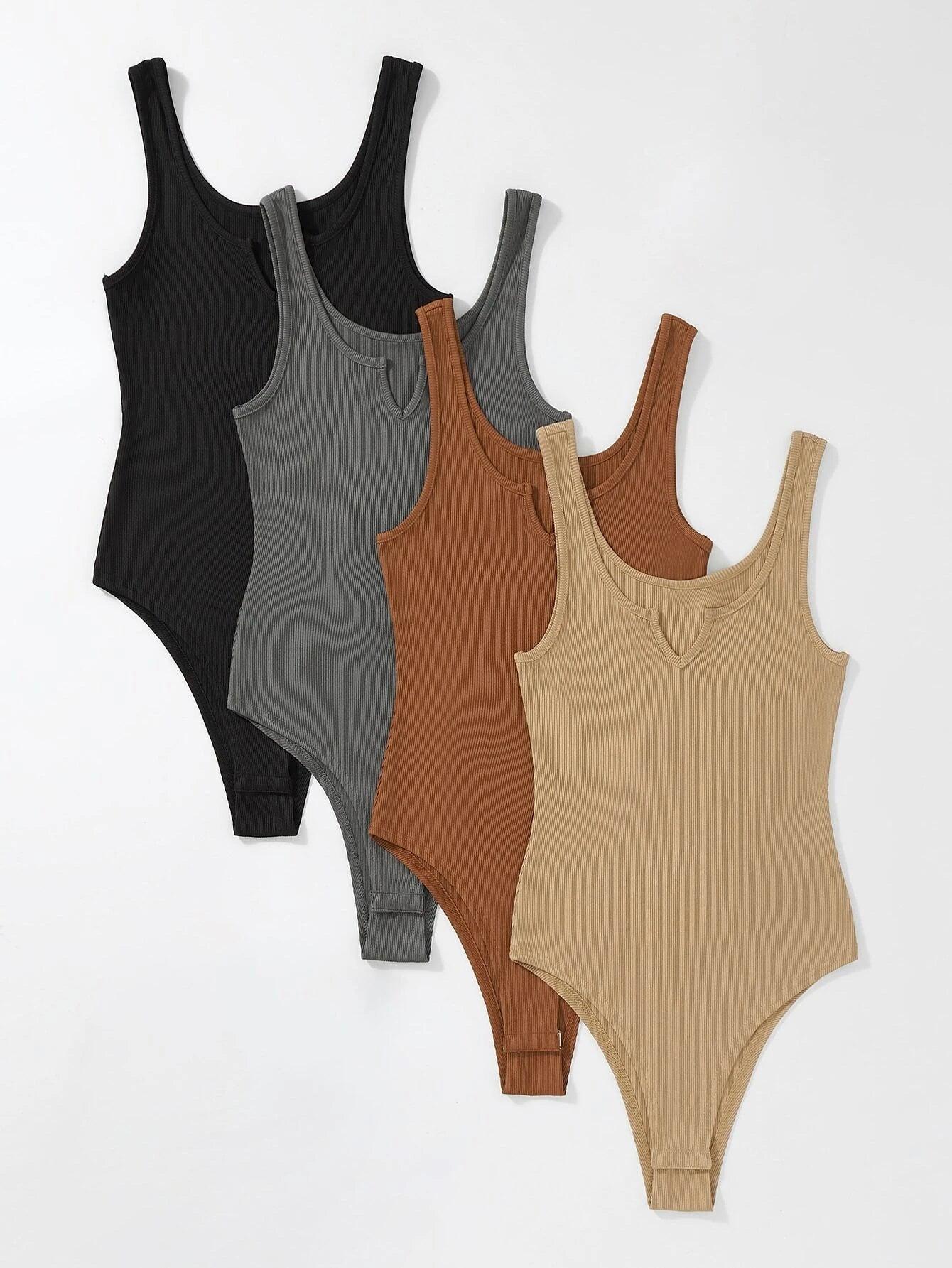4 Pieces Ribbed Knit Notched Neck Tank Bodysuit-Comfy Jumpsuits