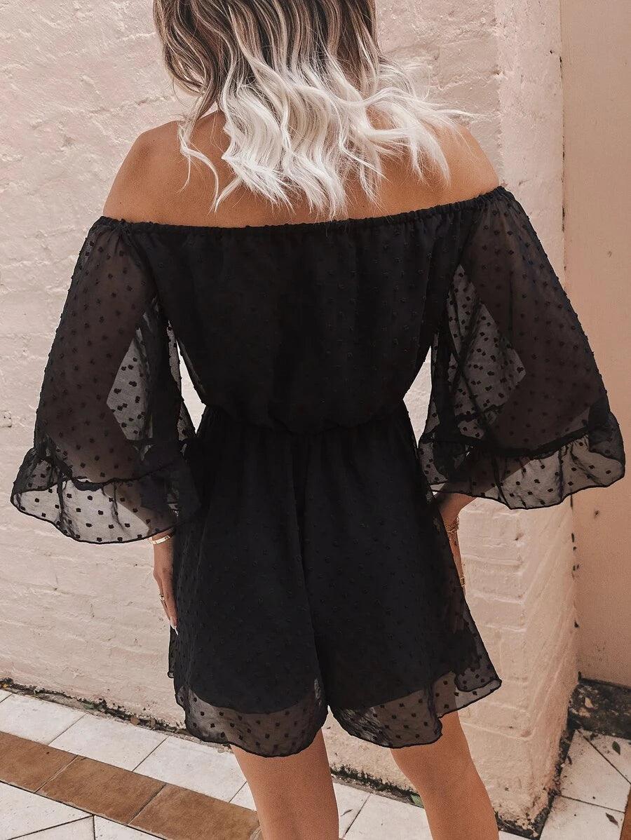 Off Shoulder Flounce Sleeve Mesh Romper-Comfy Jumpsuits