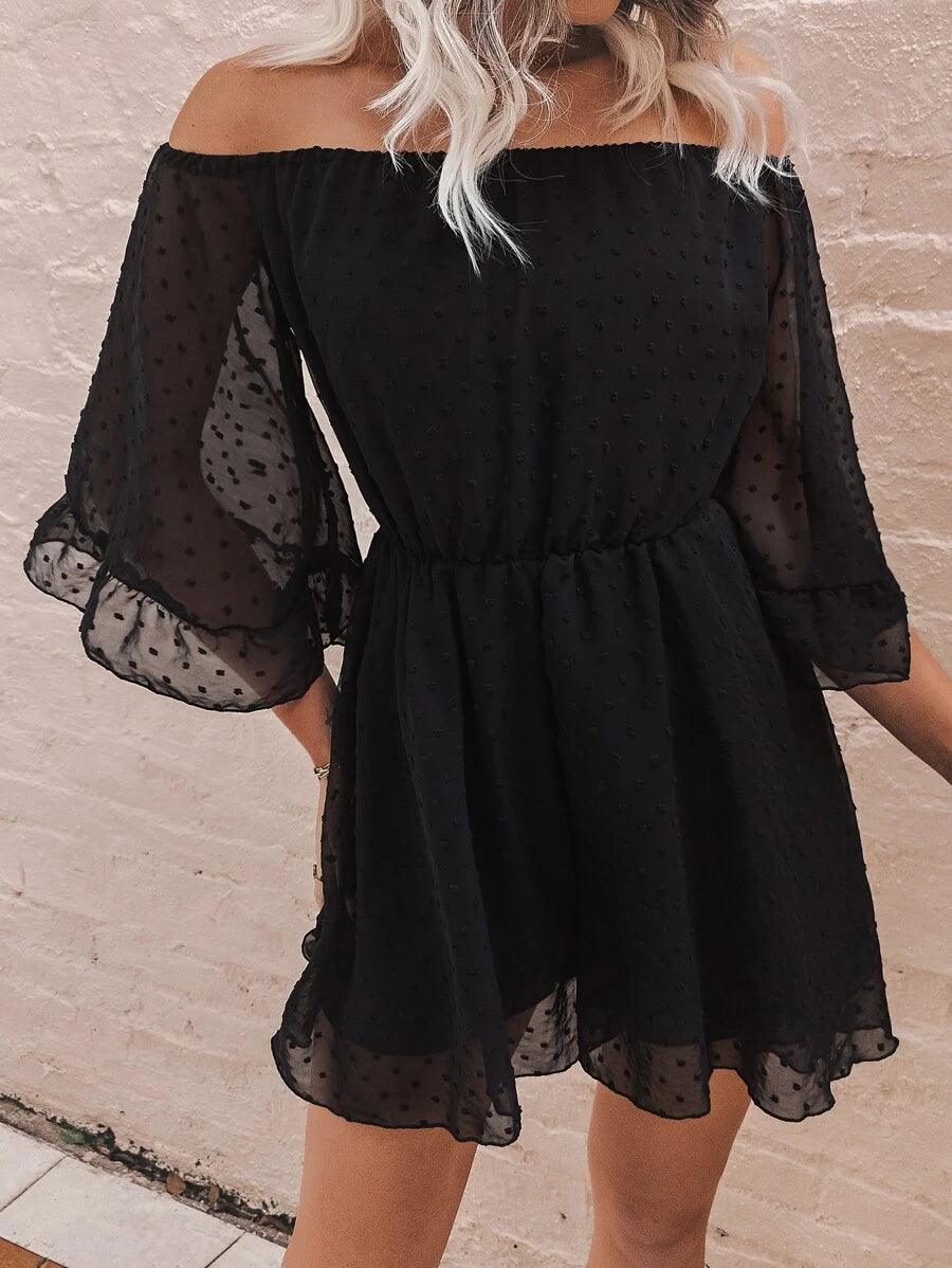 Off Shoulder Flounce Sleeve Mesh Romper-Comfy Jumpsuits