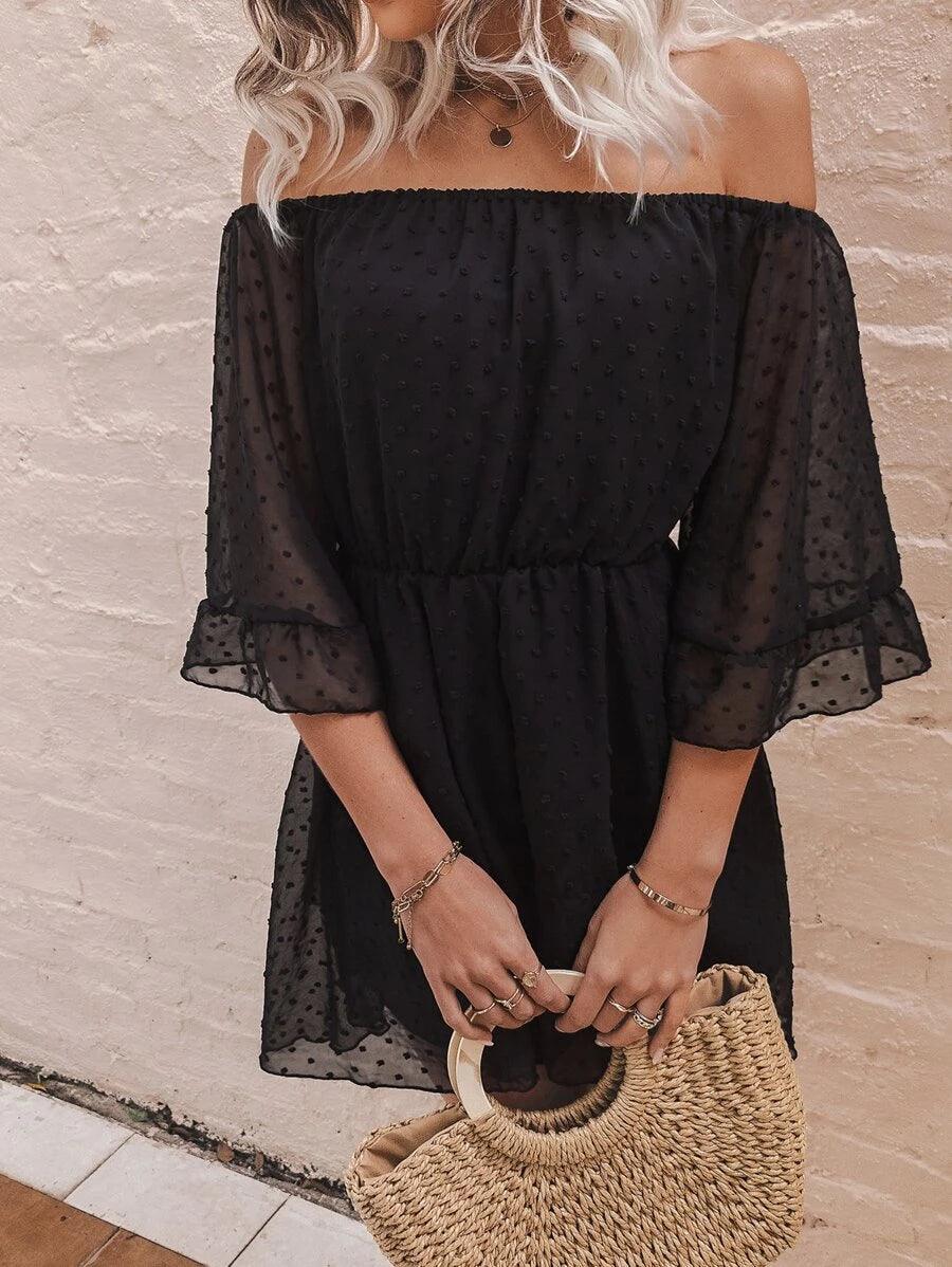 Off Shoulder Flounce Sleeve Mesh Romper-Comfy Jumpsuits
