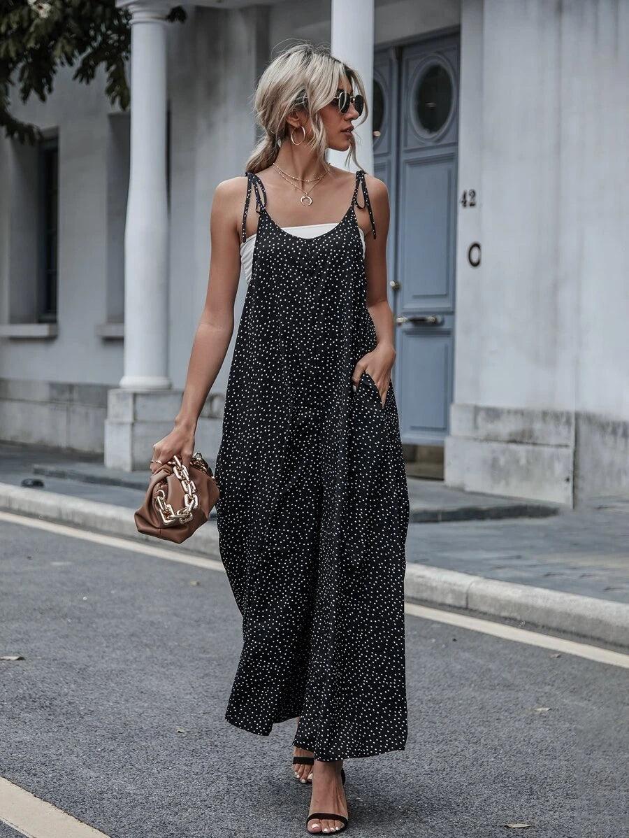 Polka Dot Slant Pockets Tie Shoulder Jumpsuit Without Tube Top-Comfy Jumpsuits