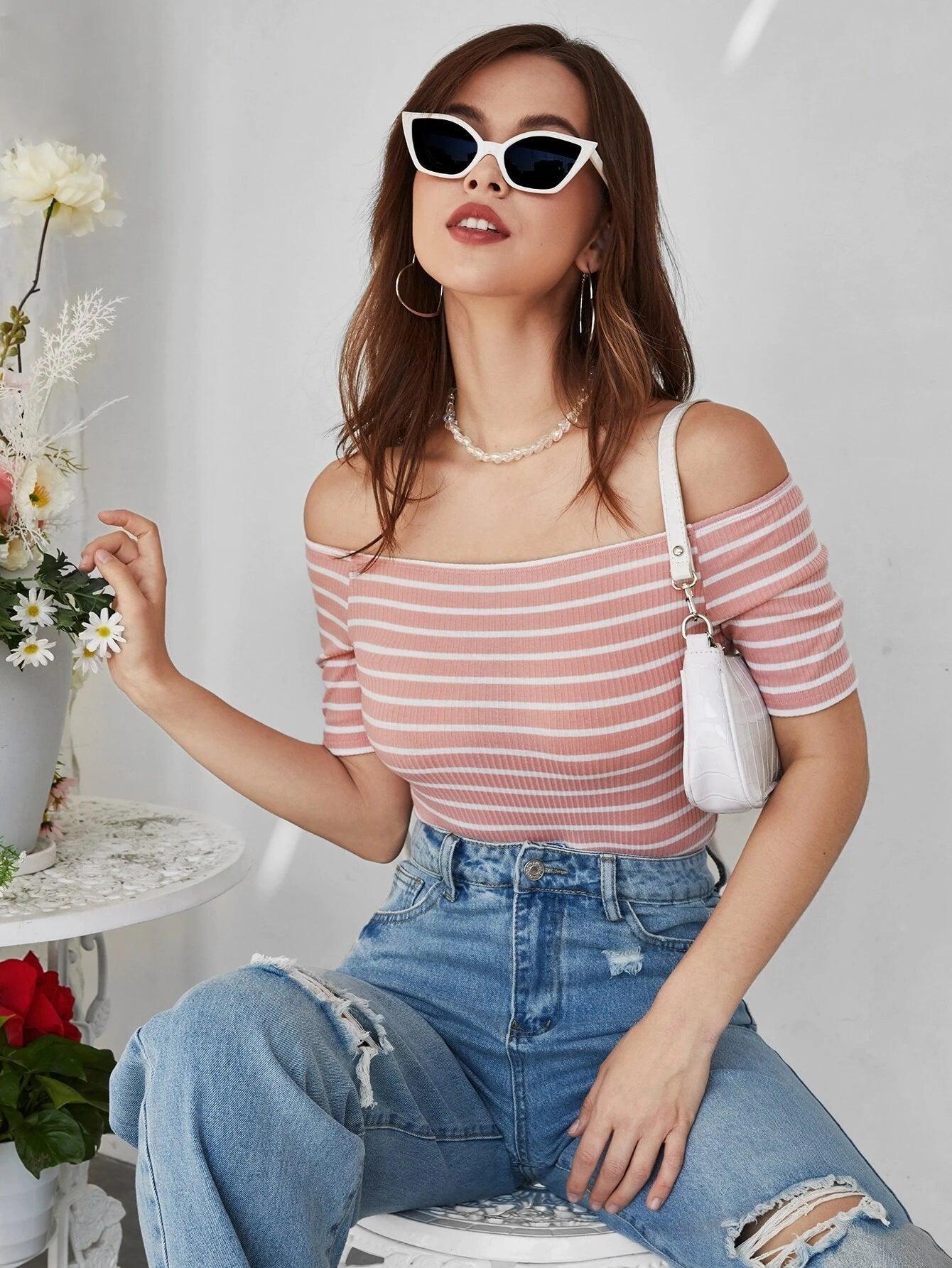 Striped Print Off Shoulder Bodysuit-Comfy Jumpsuits