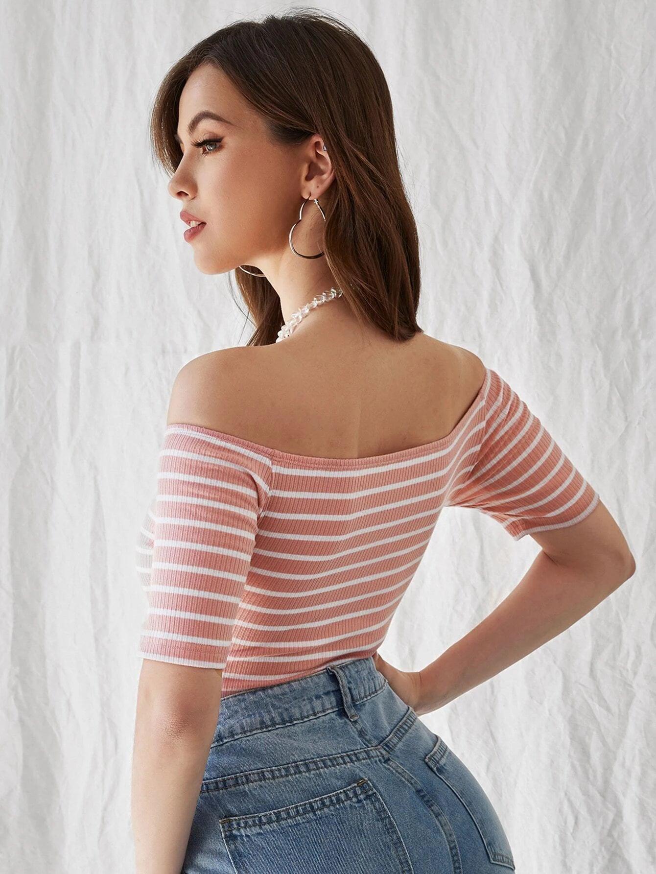 Striped Print Off Shoulder Bodysuit-Comfy Jumpsuits