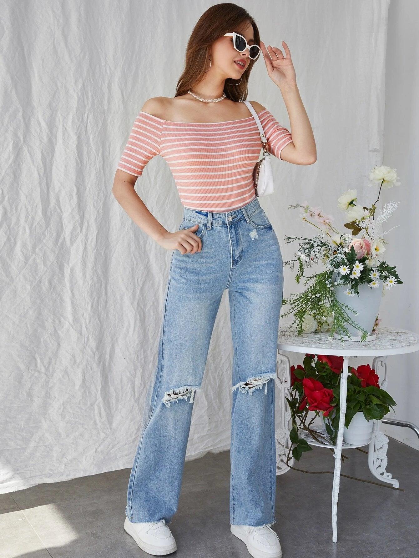 Striped Print Off Shoulder Bodysuit-Comfy Jumpsuits