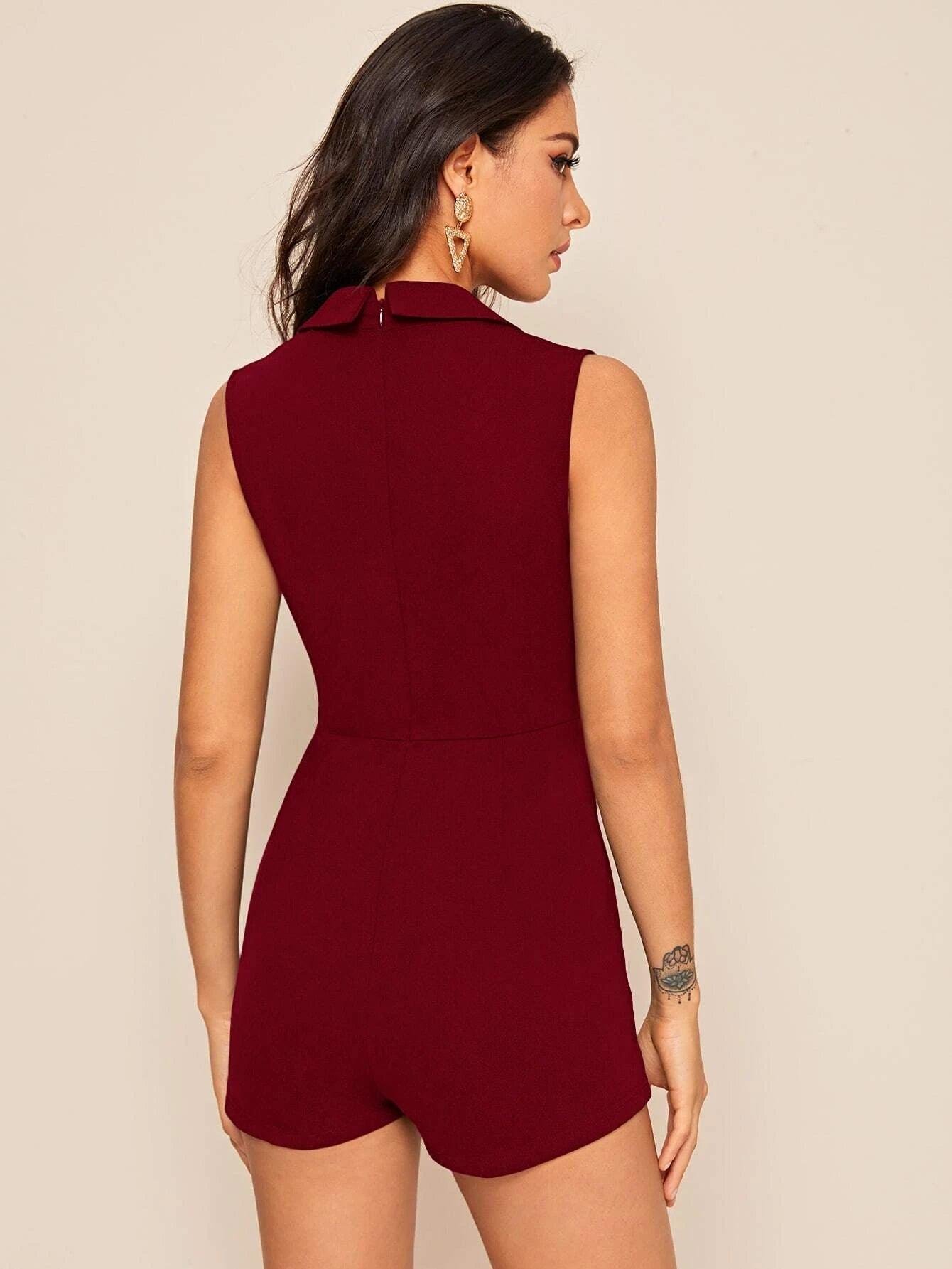 Notch Collar Solid Blazer Skort Romper-Comfy Jumpsuits