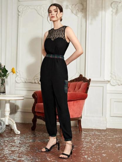 Guyot & Poon Lace Yoke Plaid Paneled Jumpsuit-Comfy Jumpsuits