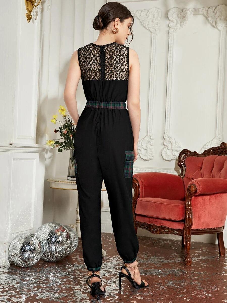 Guyot & Poon Lace Yoke Plaid Paneled Jumpsuit-Comfy Jumpsuits