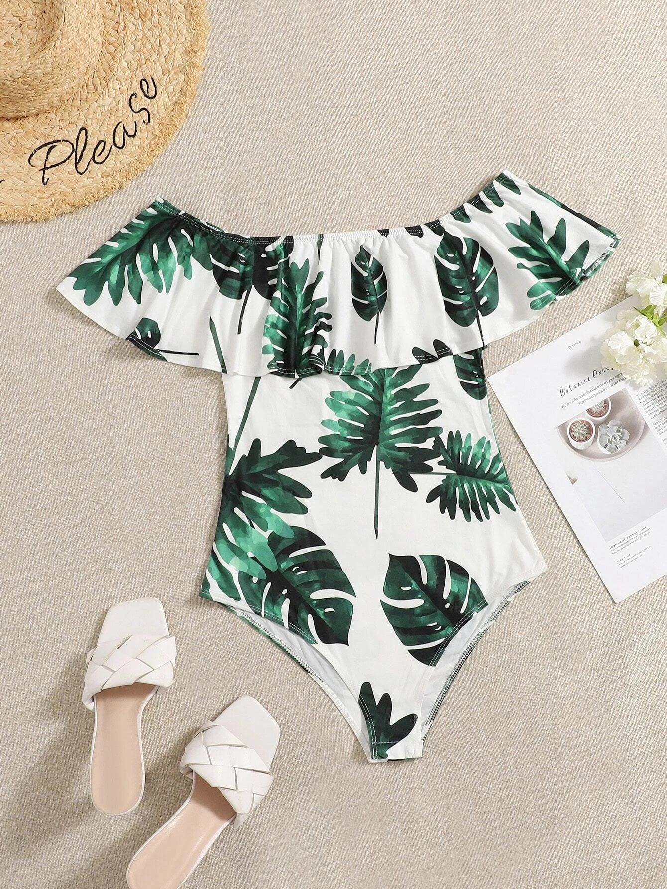 Off The Shoulder Foldover Tropical Print Bodysuit-Comfy Jumpsuits
