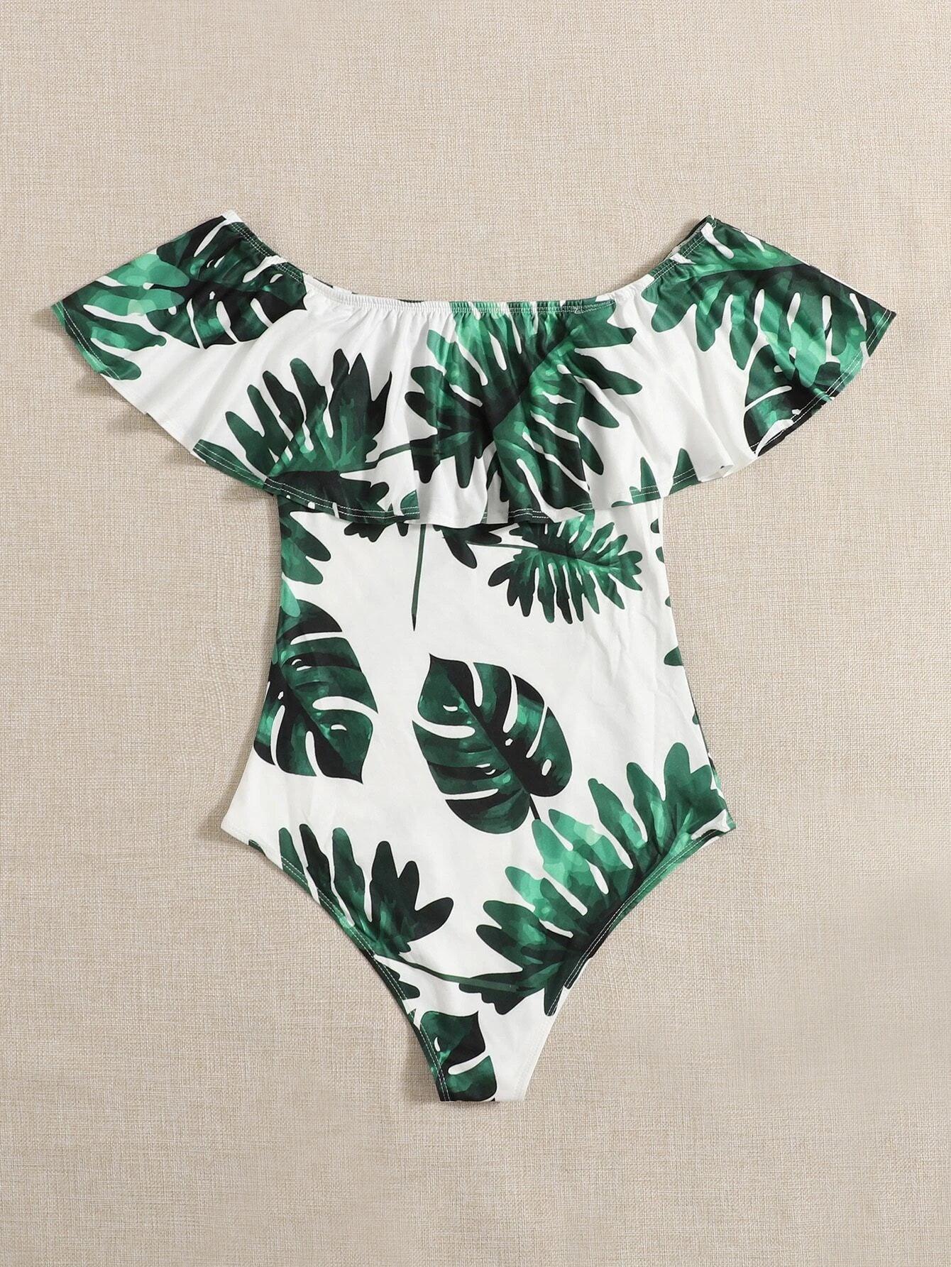 Off The Shoulder Foldover Tropical Print Bodysuit-Comfy Jumpsuits
