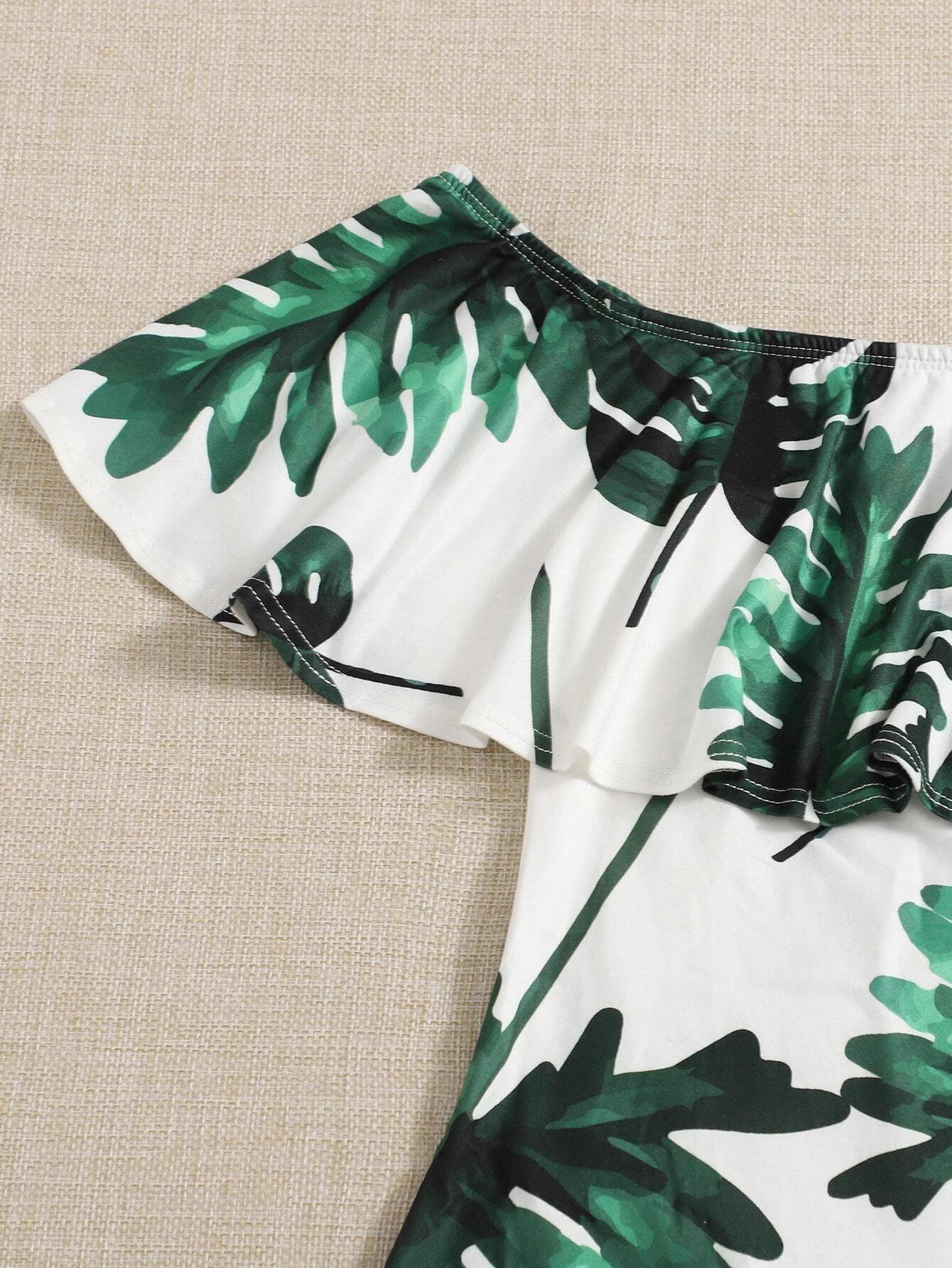Off The Shoulder Foldover Tropical Print Bodysuit-Comfy Jumpsuits