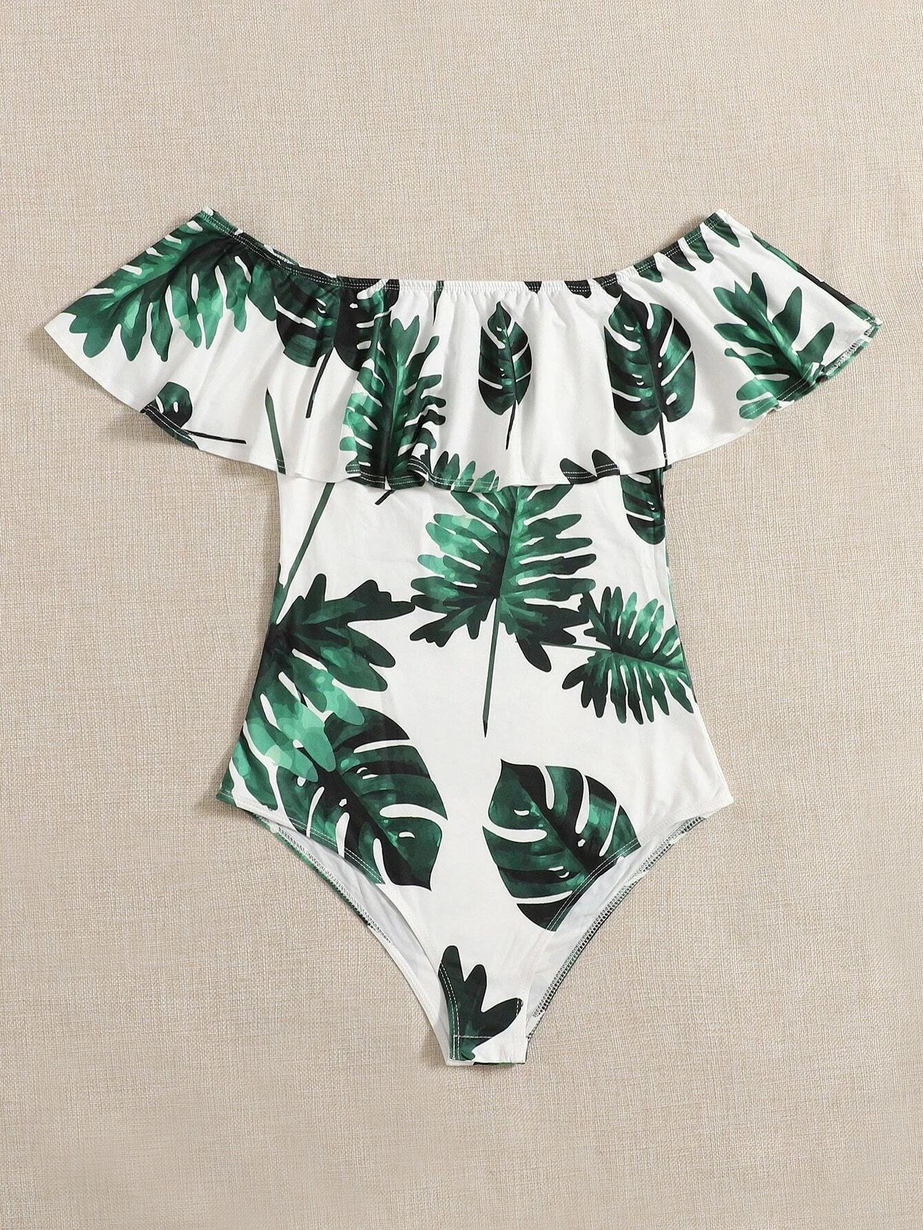 Off The Shoulder Foldover Tropical Print Bodysuit-Comfy Jumpsuits