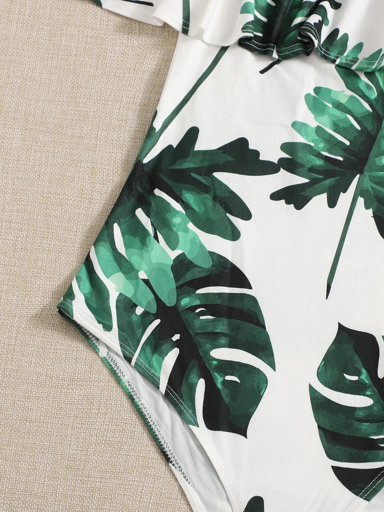 Off The Shoulder Foldover Tropical Print Bodysuit-Comfy Jumpsuits