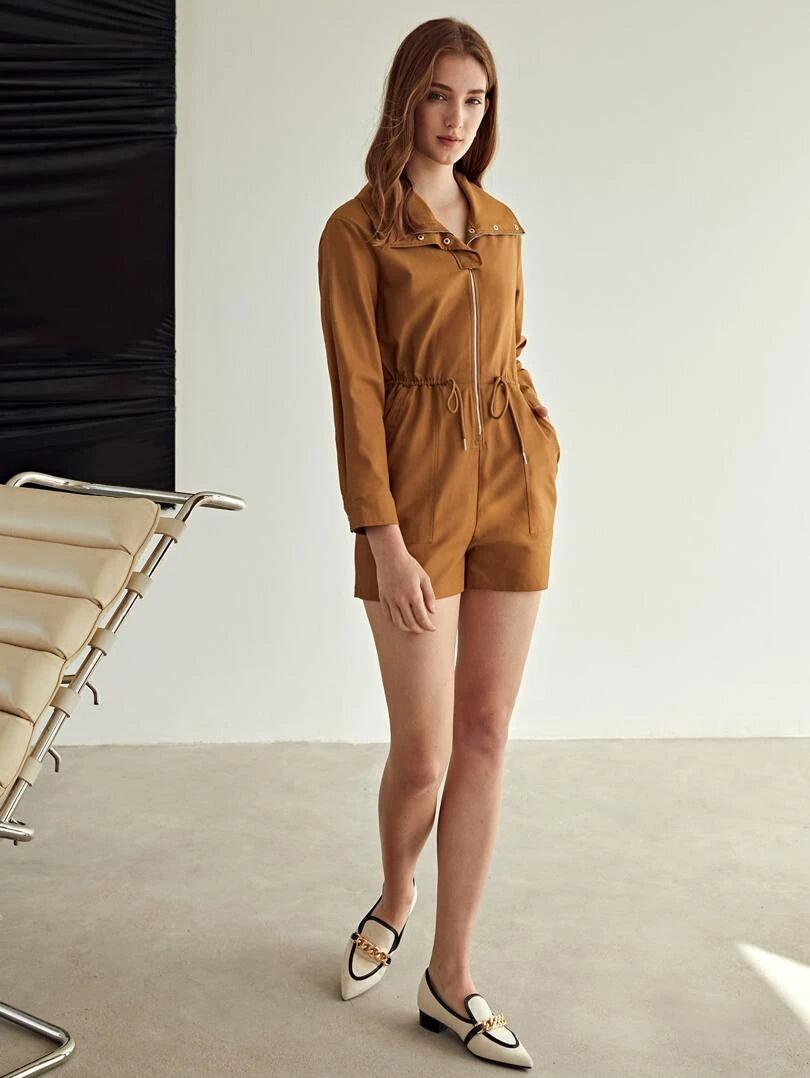 Drawstring Zip-up Romper-Comfy Jumpsuits