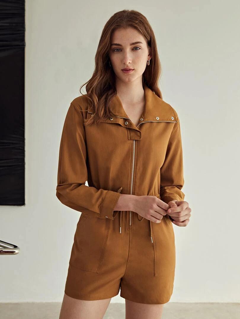 Drawstring Zip-up Romper-Comfy Jumpsuits
