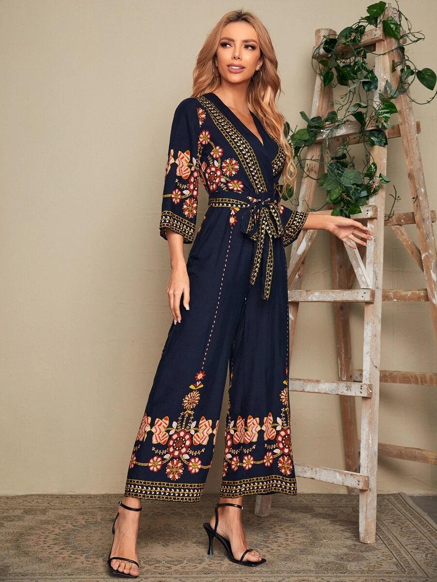 Floral Embroidery Self Belted Jumpsuit-Comfy Jumpsuits