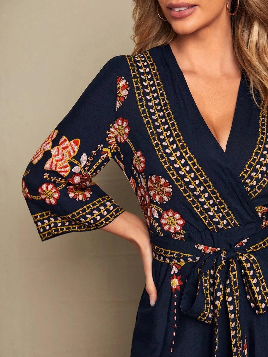 Floral Embroidery Self Belted Jumpsuit-Comfy Jumpsuits
