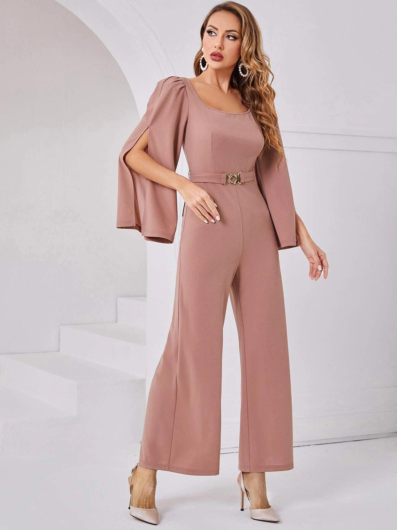 Scoop Neck Wide Length Belted Jumpsuit-Comfy Jumpsuits