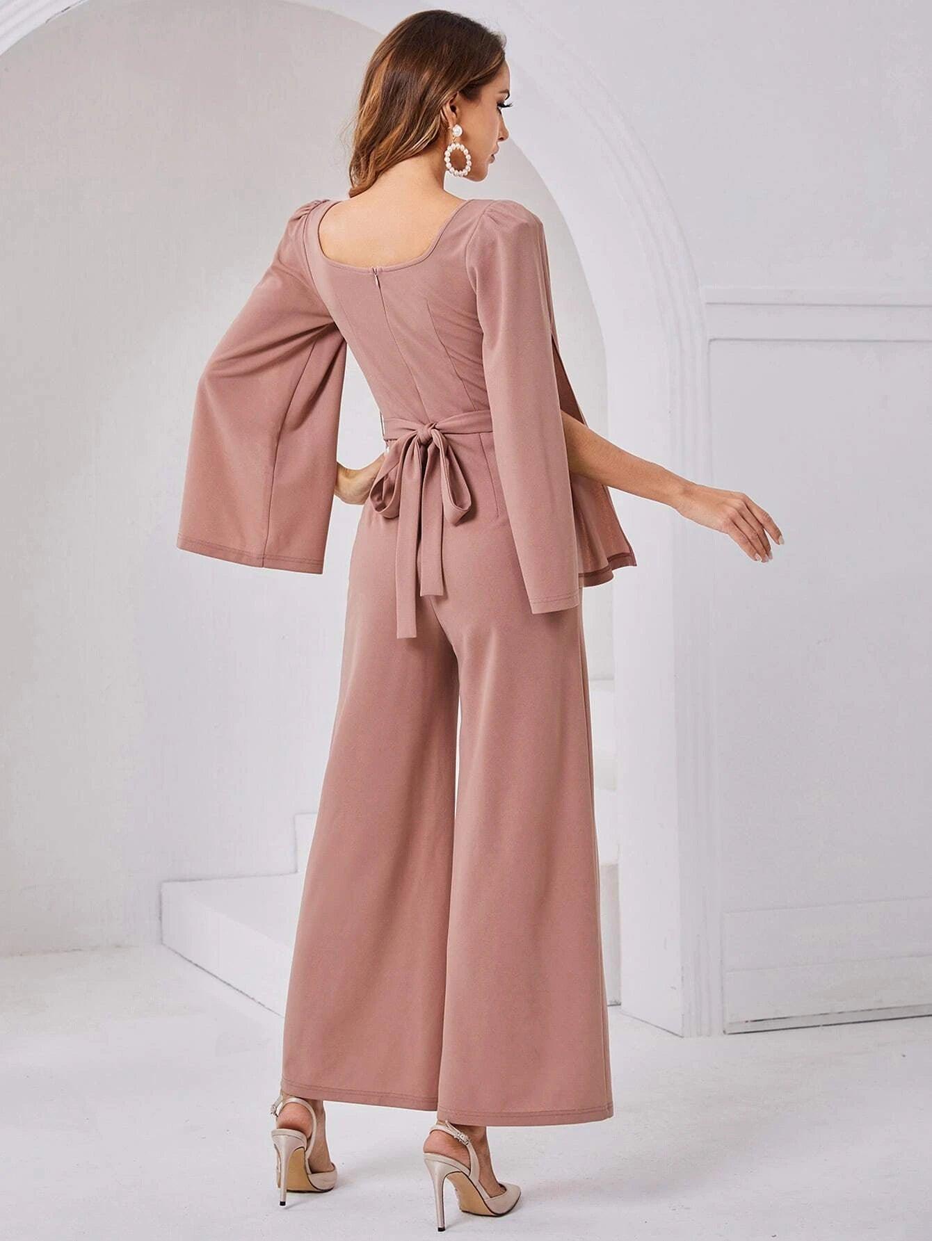 Scoop Neck Wide Length Belted Jumpsuit-Comfy Jumpsuits