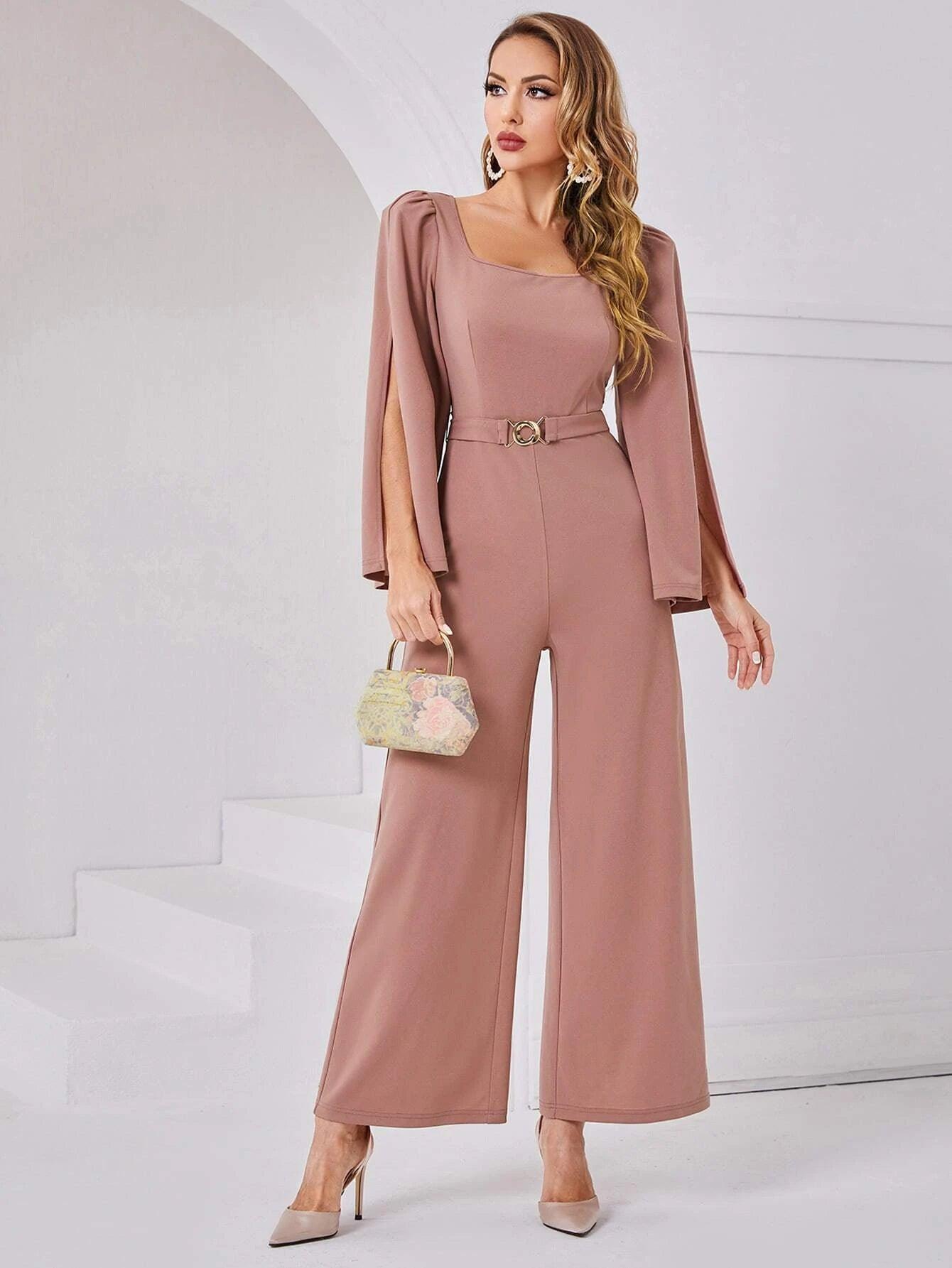 Scoop Neck Wide Length Belted Jumpsuit-Comfy Jumpsuits
