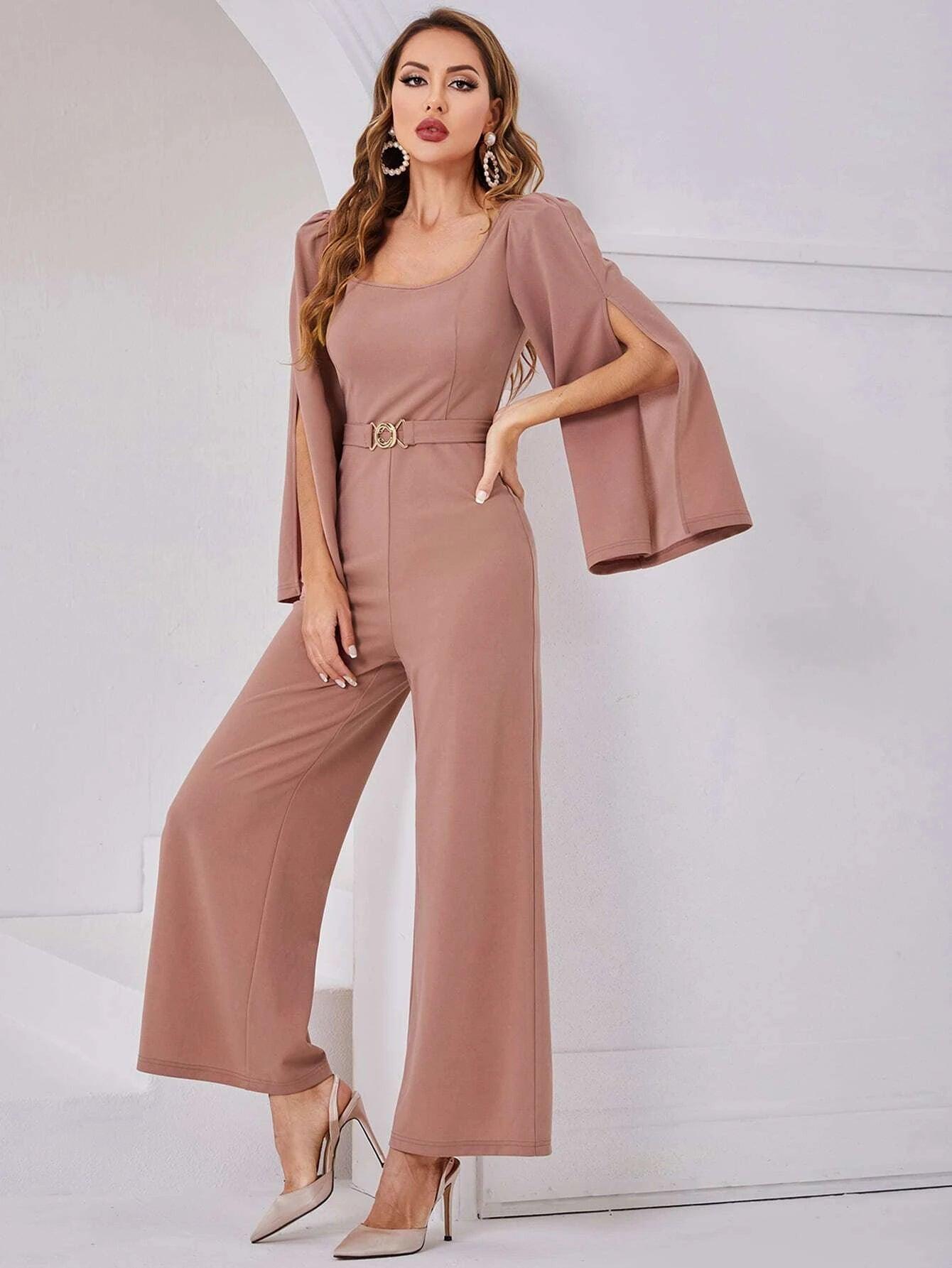 Scoop Neck Wide Length Belted Jumpsuit-Comfy Jumpsuits
