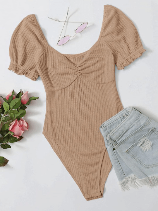 Puff Sleeved Rib-Knit Bodysuit-Comfy Jumpsuits