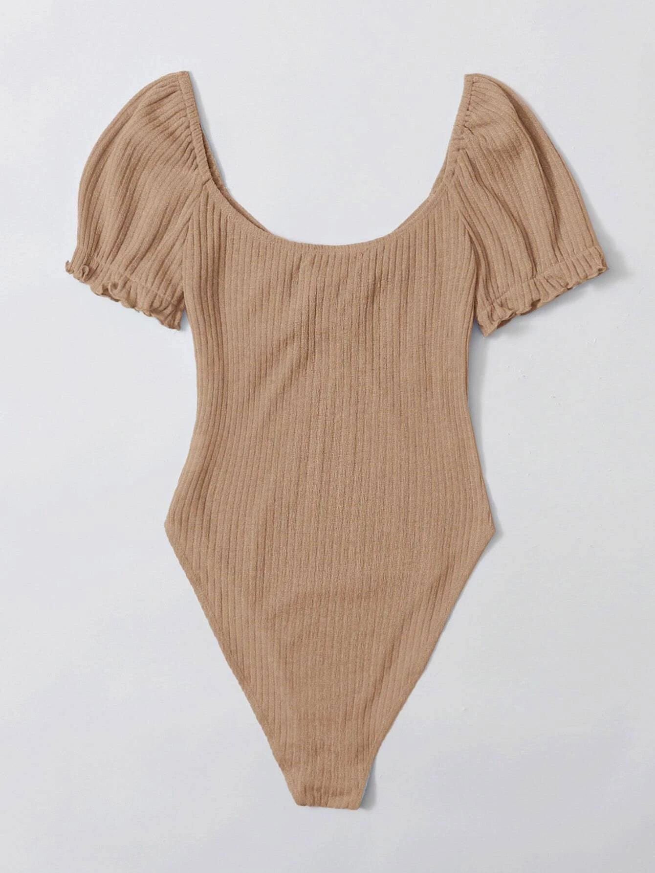 Puff Sleeved Rib-Knit Bodysuit-Comfy Jumpsuits