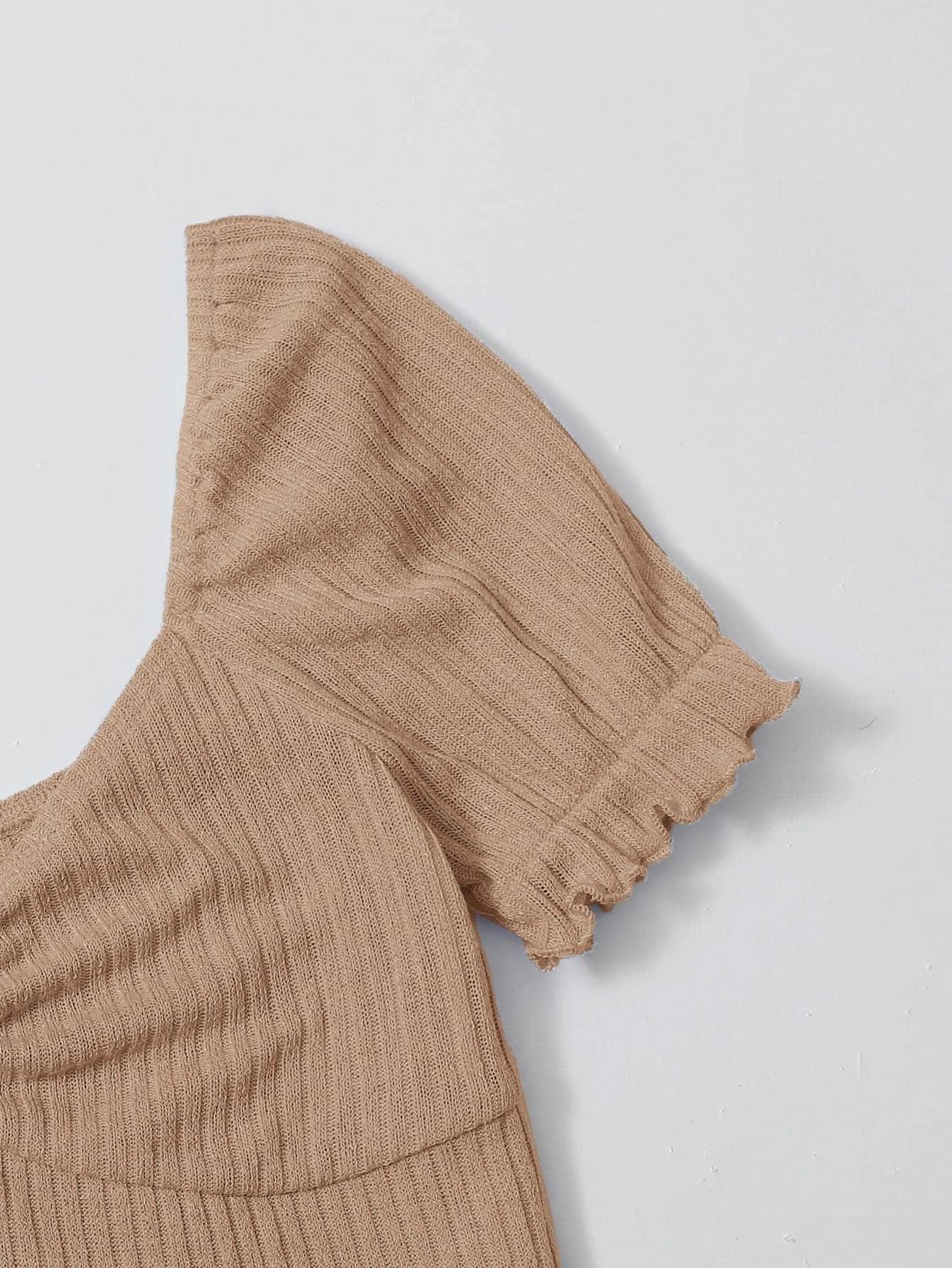 Puff Sleeved Rib-Knit Bodysuit-Comfy Jumpsuits