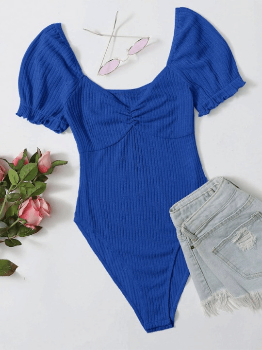 Puff Sleeved Rib-Knit Bodysuit-Comfy Jumpsuits