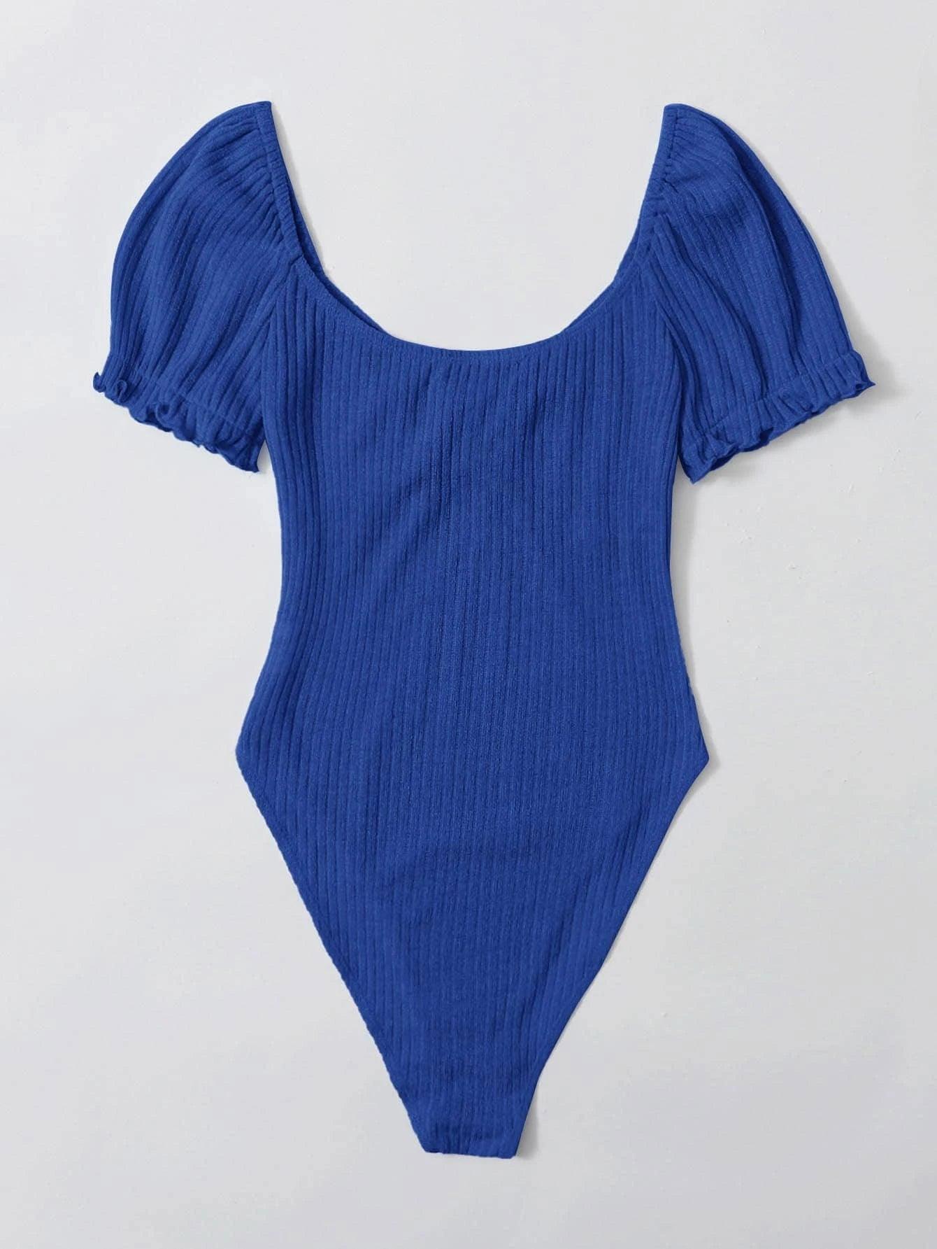 Puff Sleeved Rib-Knit Bodysuit-Comfy Jumpsuits