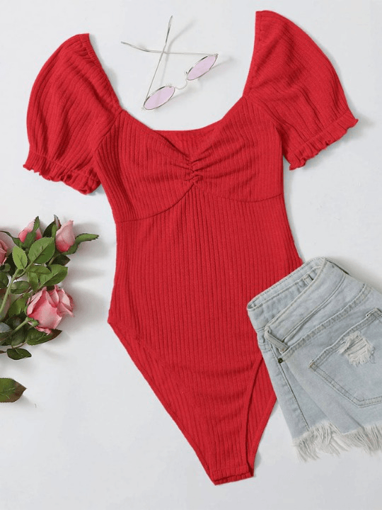 Puff Sleeved Rib-Knit Bodysuit-Comfy Jumpsuits