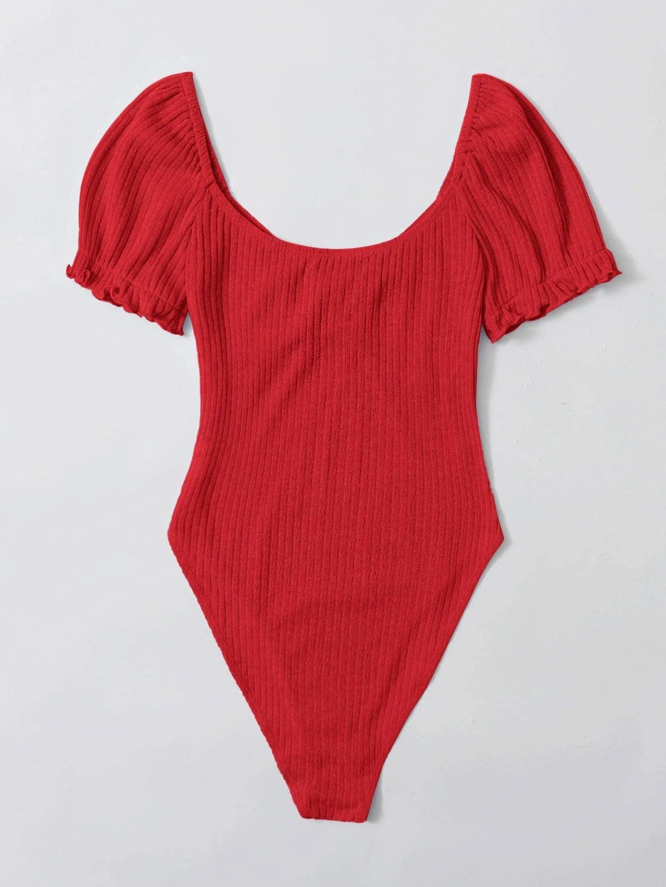 Puff Sleeved Rib-Knit Bodysuit-Comfy Jumpsuits