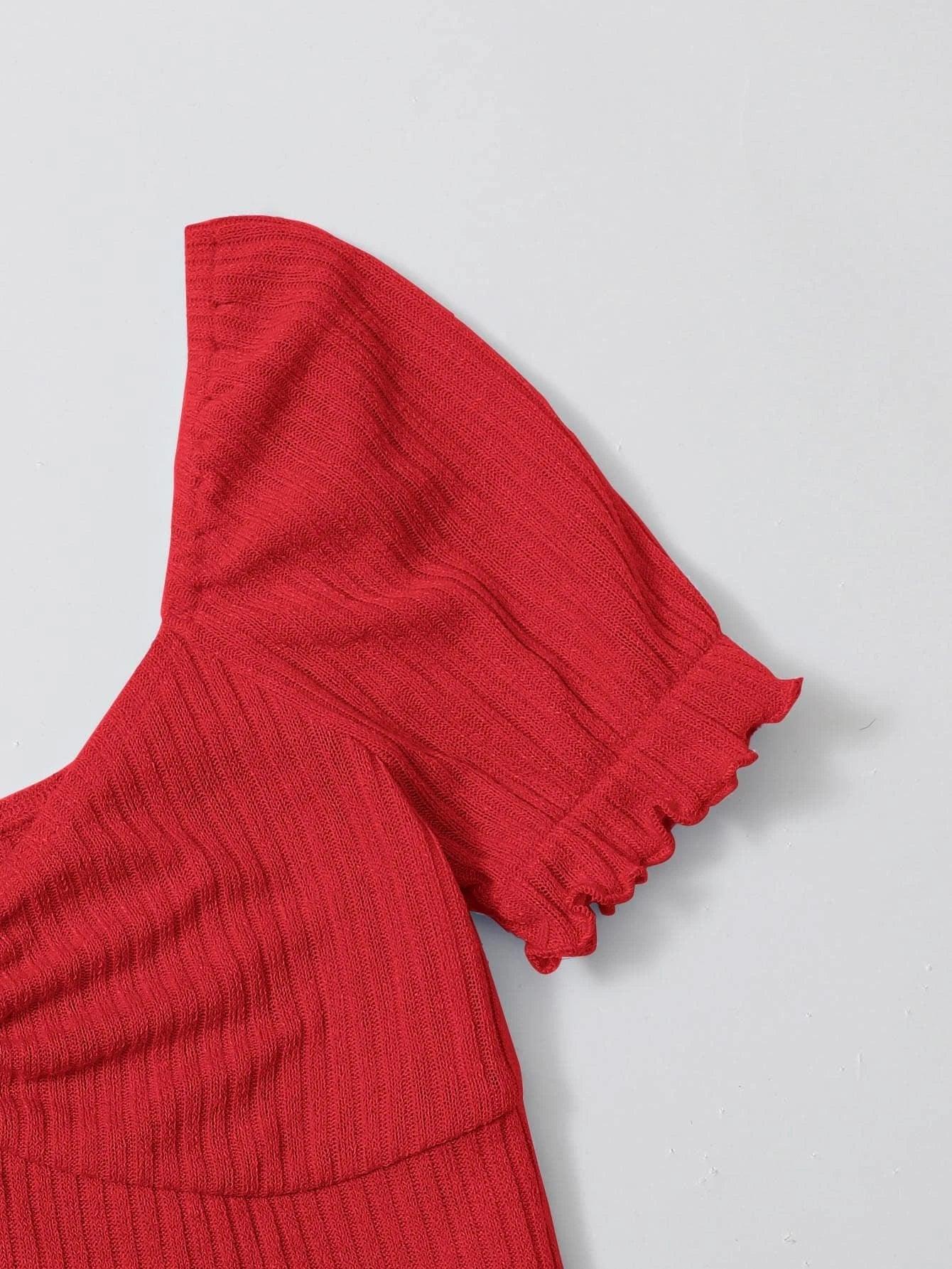 Puff Sleeved Rib-Knit Bodysuit-Comfy Jumpsuits