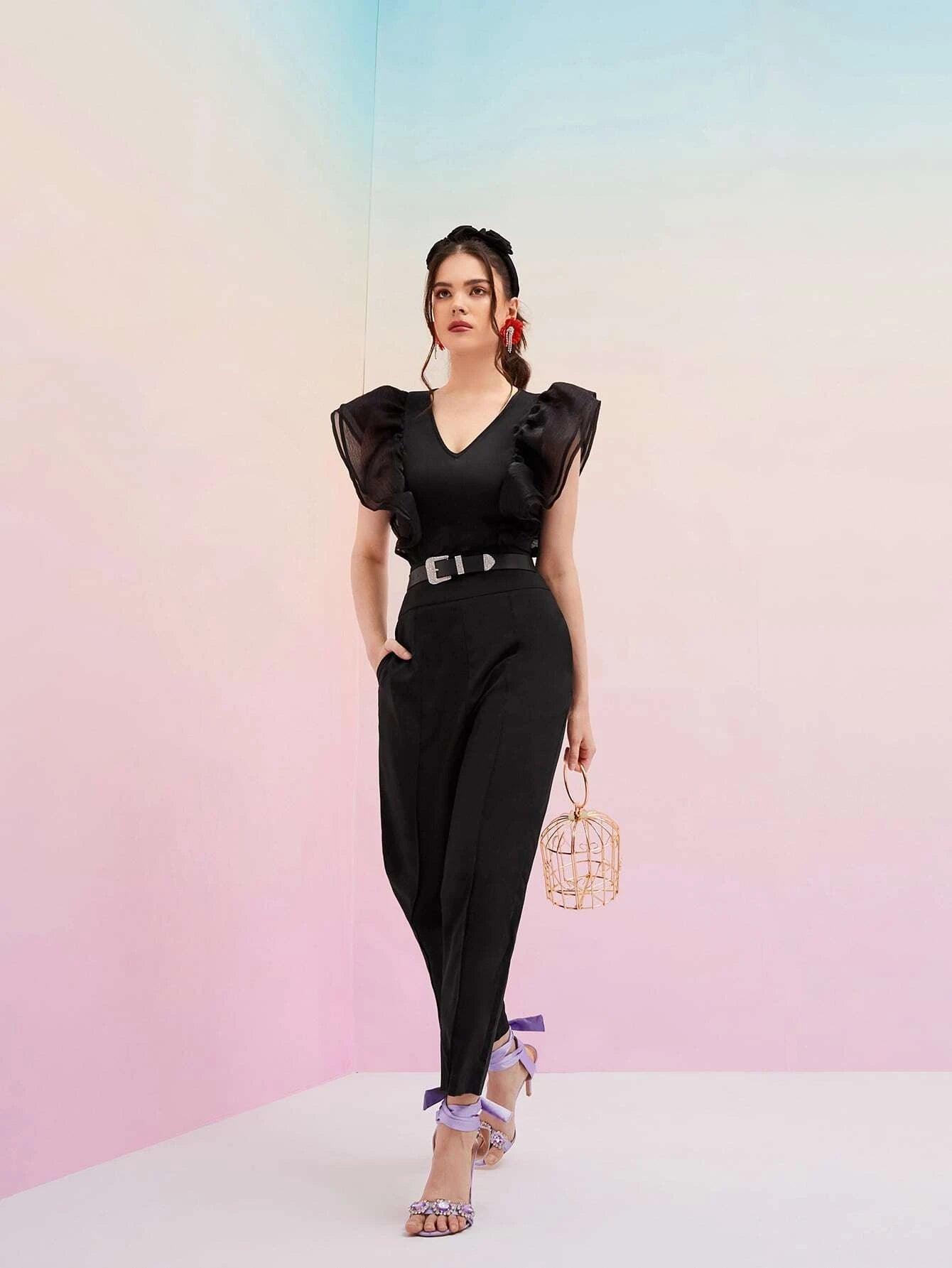 Layered Trim Solid Bodysuit-Comfy Jumpsuits