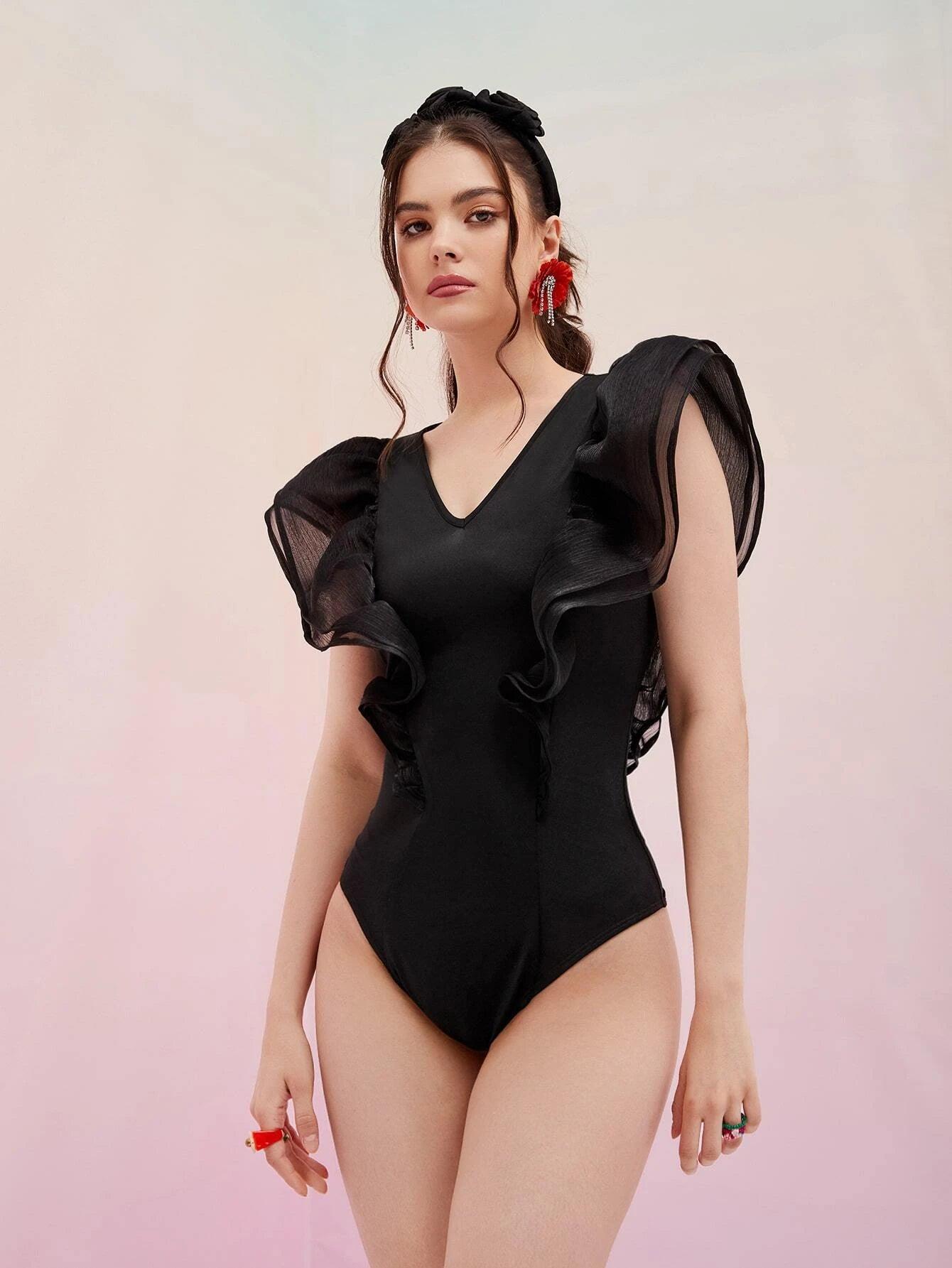 Layered Trim Solid Bodysuit-Comfy Jumpsuits