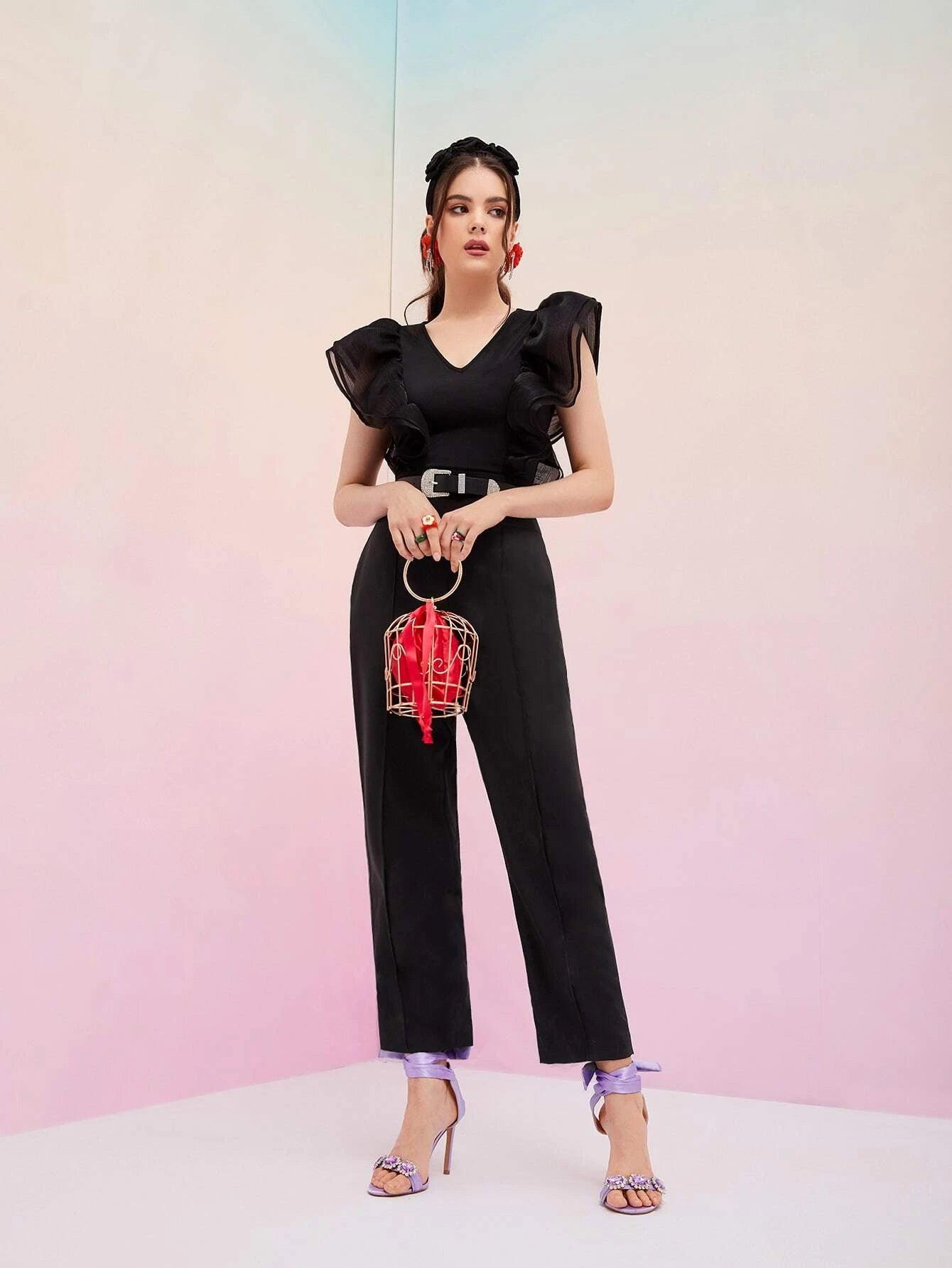 Layered Trim Solid Bodysuit-Comfy Jumpsuits