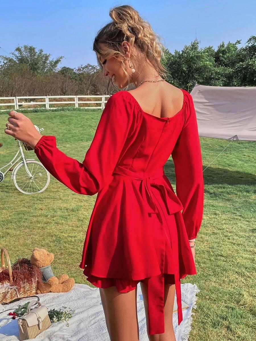 Neck Ruched Belted Romper-Comfy Jumpsuits