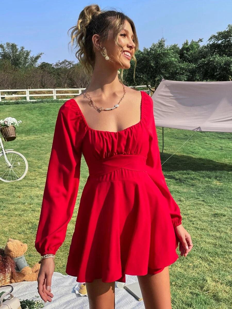 Neck Ruched Belted Romper-Comfy Jumpsuits