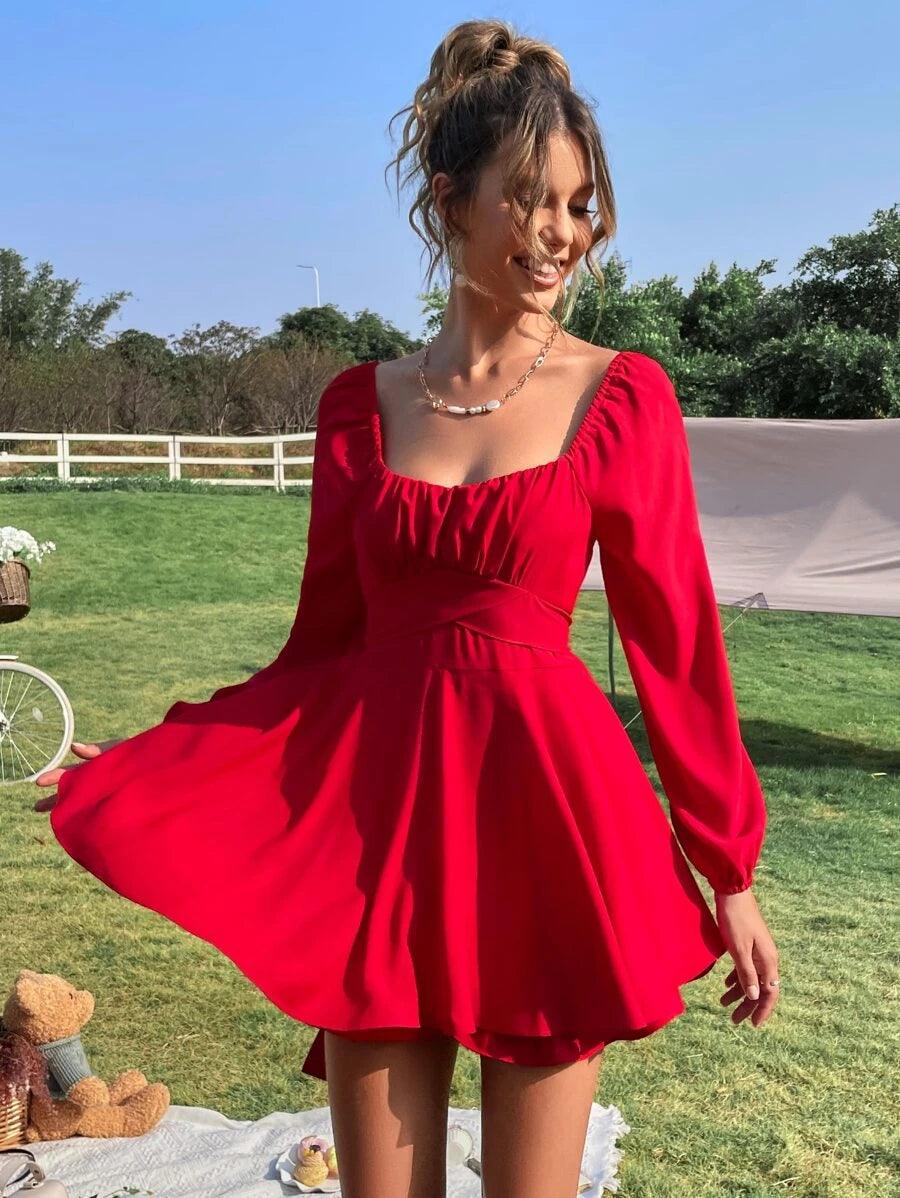 Neck Ruched Belted Romper-Comfy Jumpsuits
