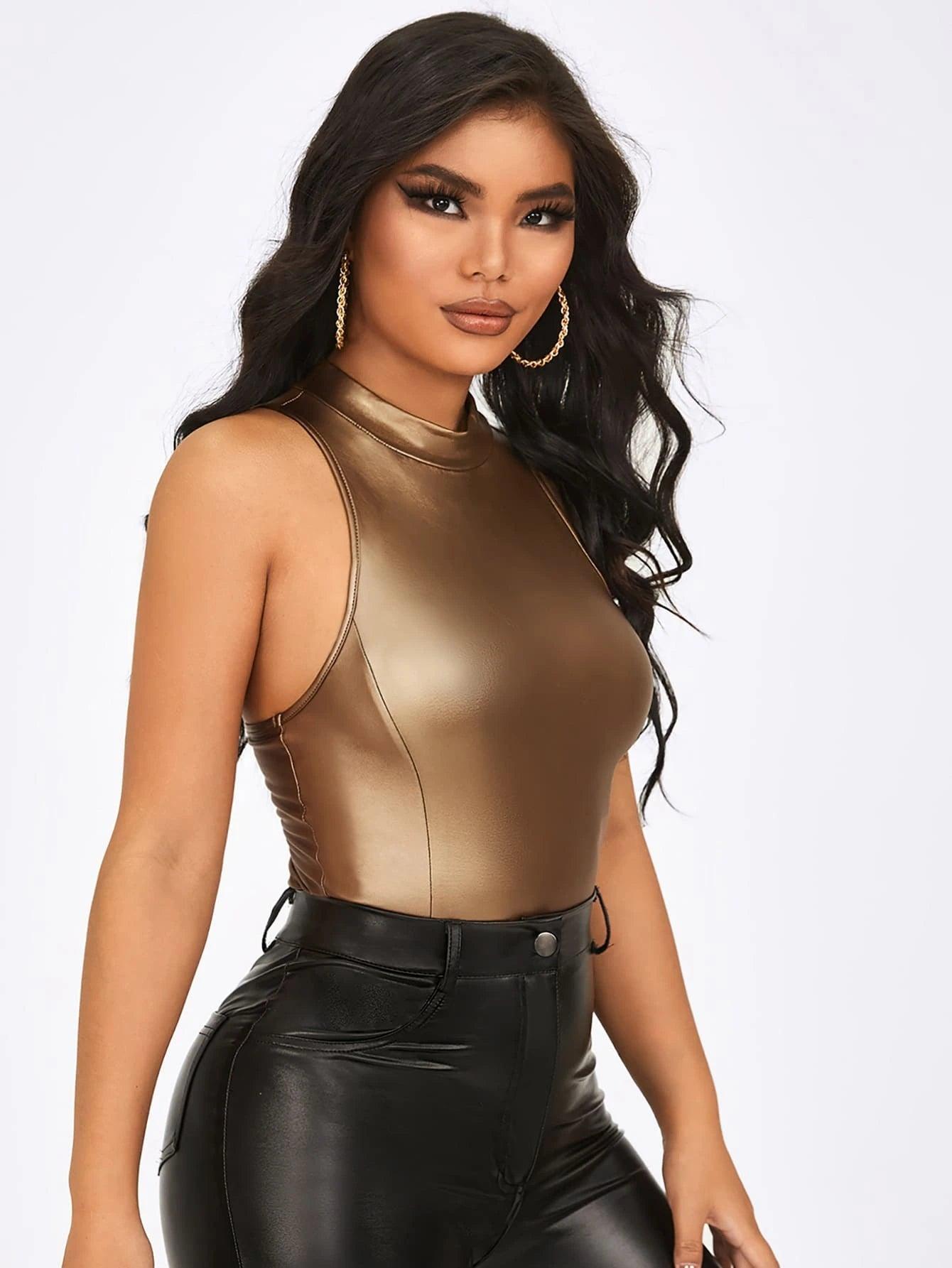 Mock Neck Slim Fit PU Leather Bodysuit-Comfy Jumpsuits