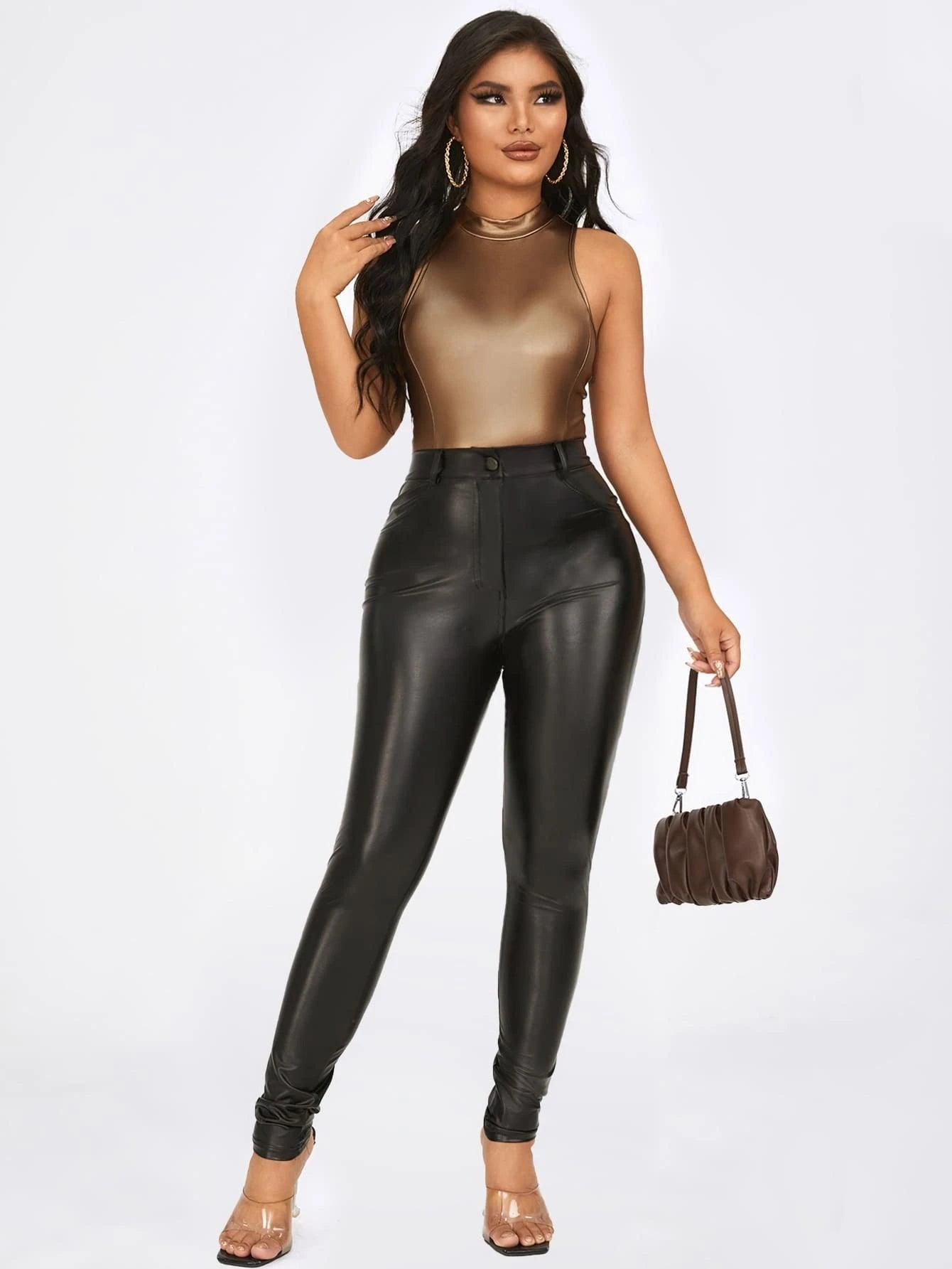 Mock Neck Slim Fit PU Leather Bodysuit-Comfy Jumpsuits