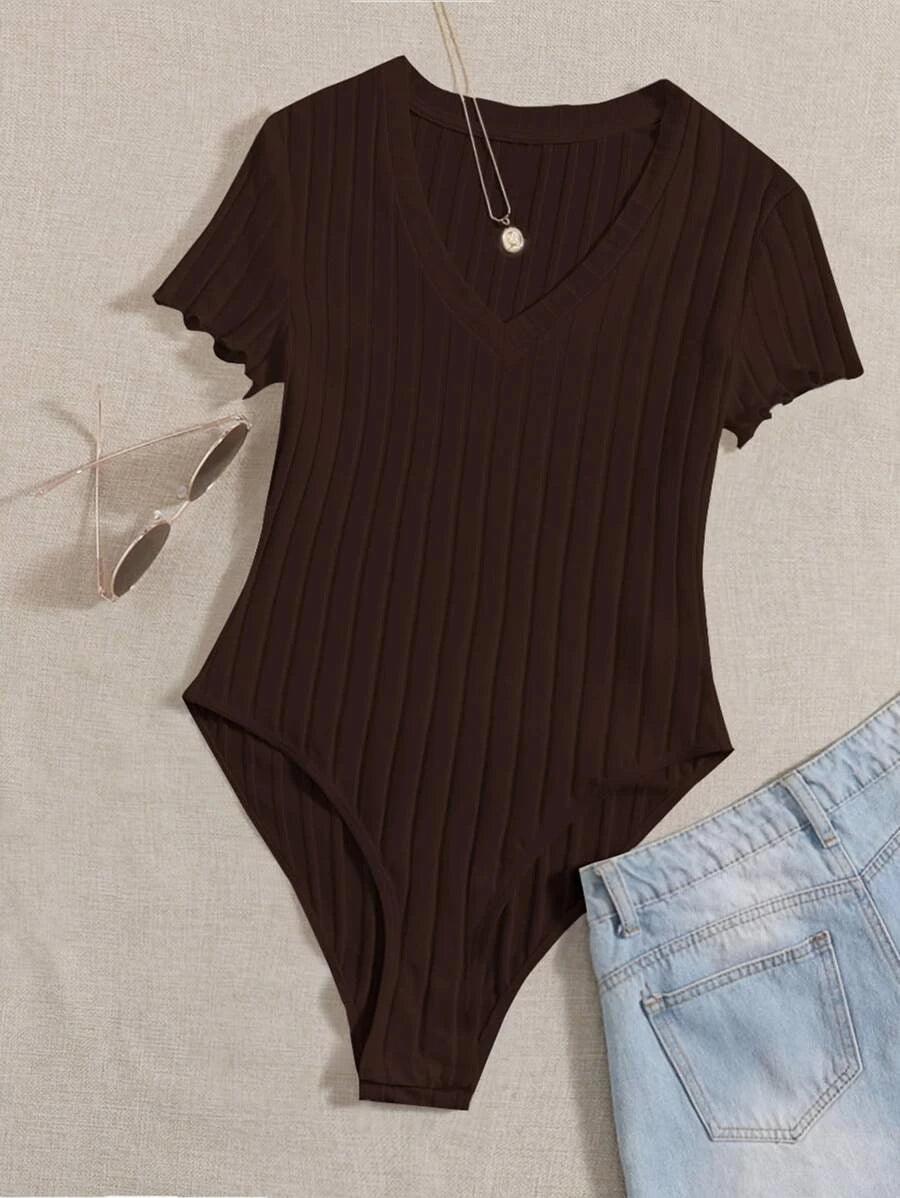 Casual Lettuce Trim Rib Knit Bodysuit-Comfy Jumpsuits