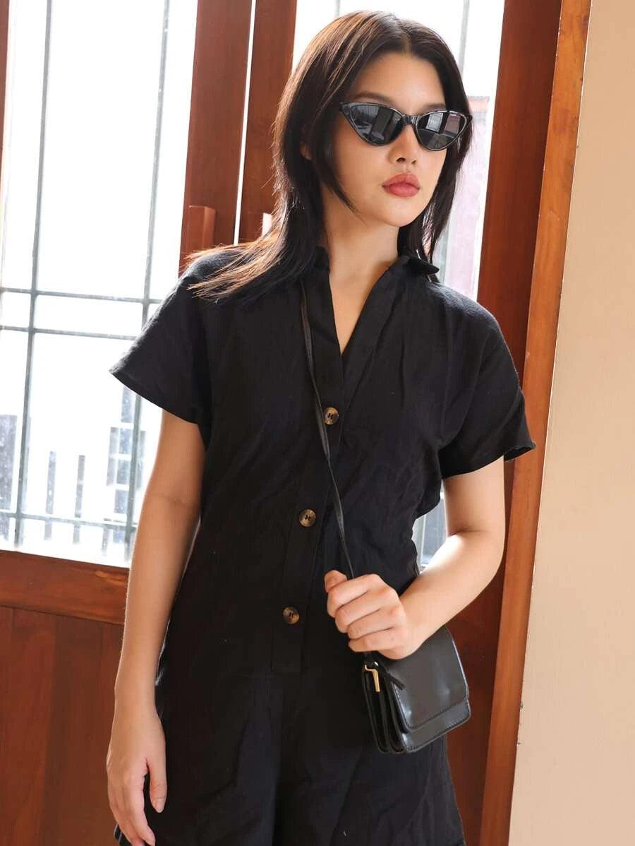 Button Front Romper Without Belt-Comfy Jumpsuits