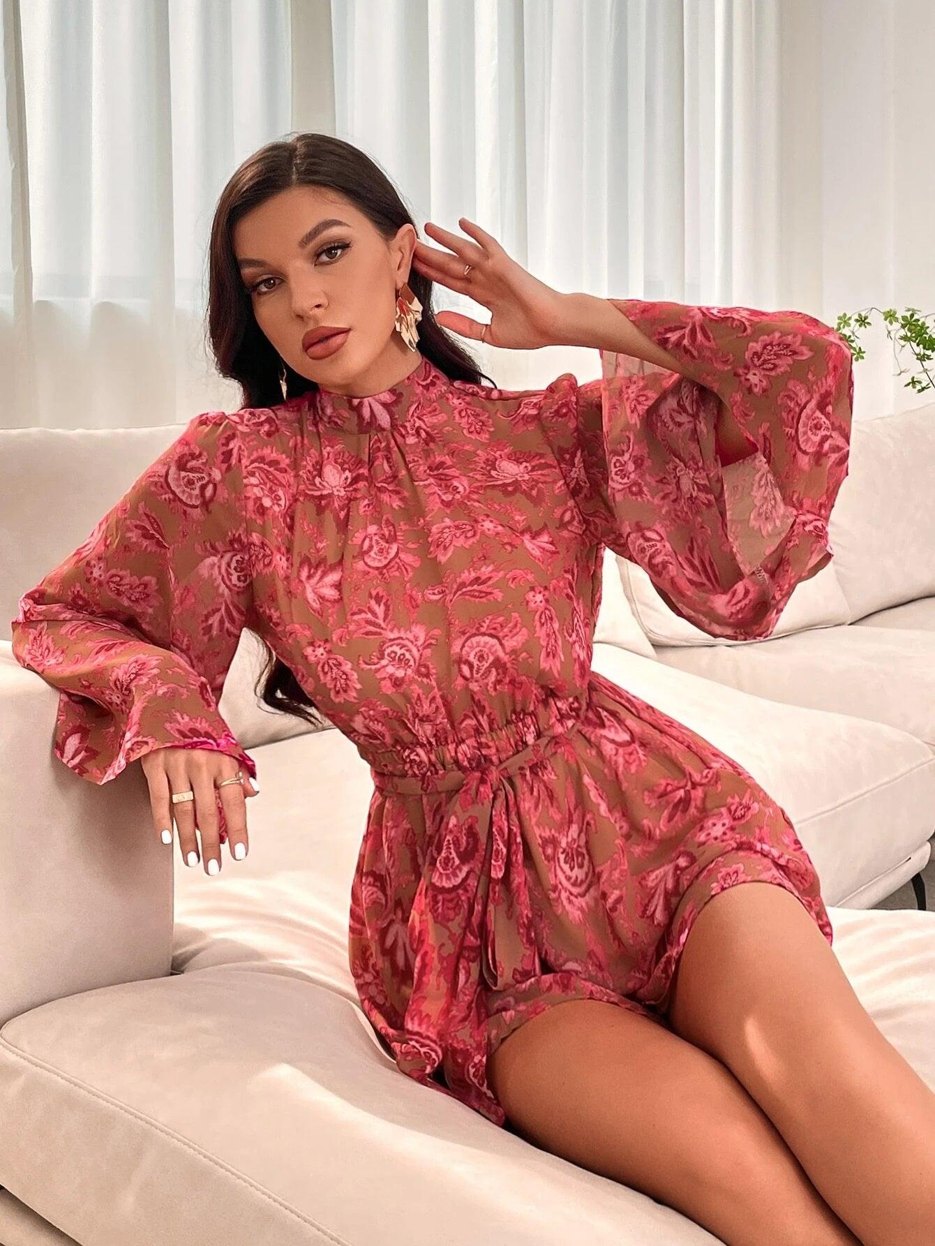 Print Tie Back Trumpet Sleeve Romper-Comfy Jumpsuits