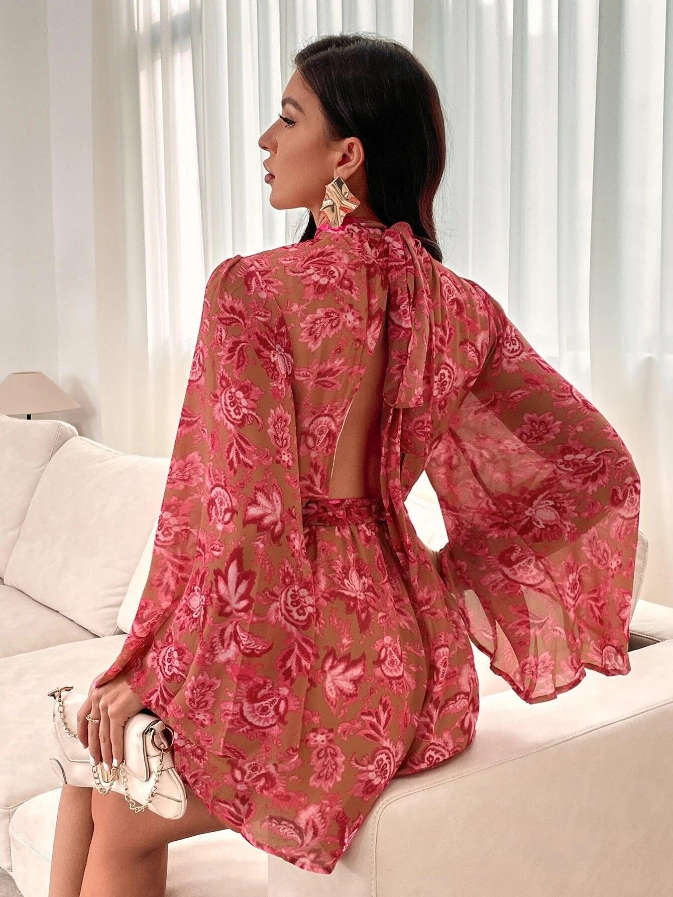 Print Tie Back Trumpet Sleeve Romper-Comfy Jumpsuits