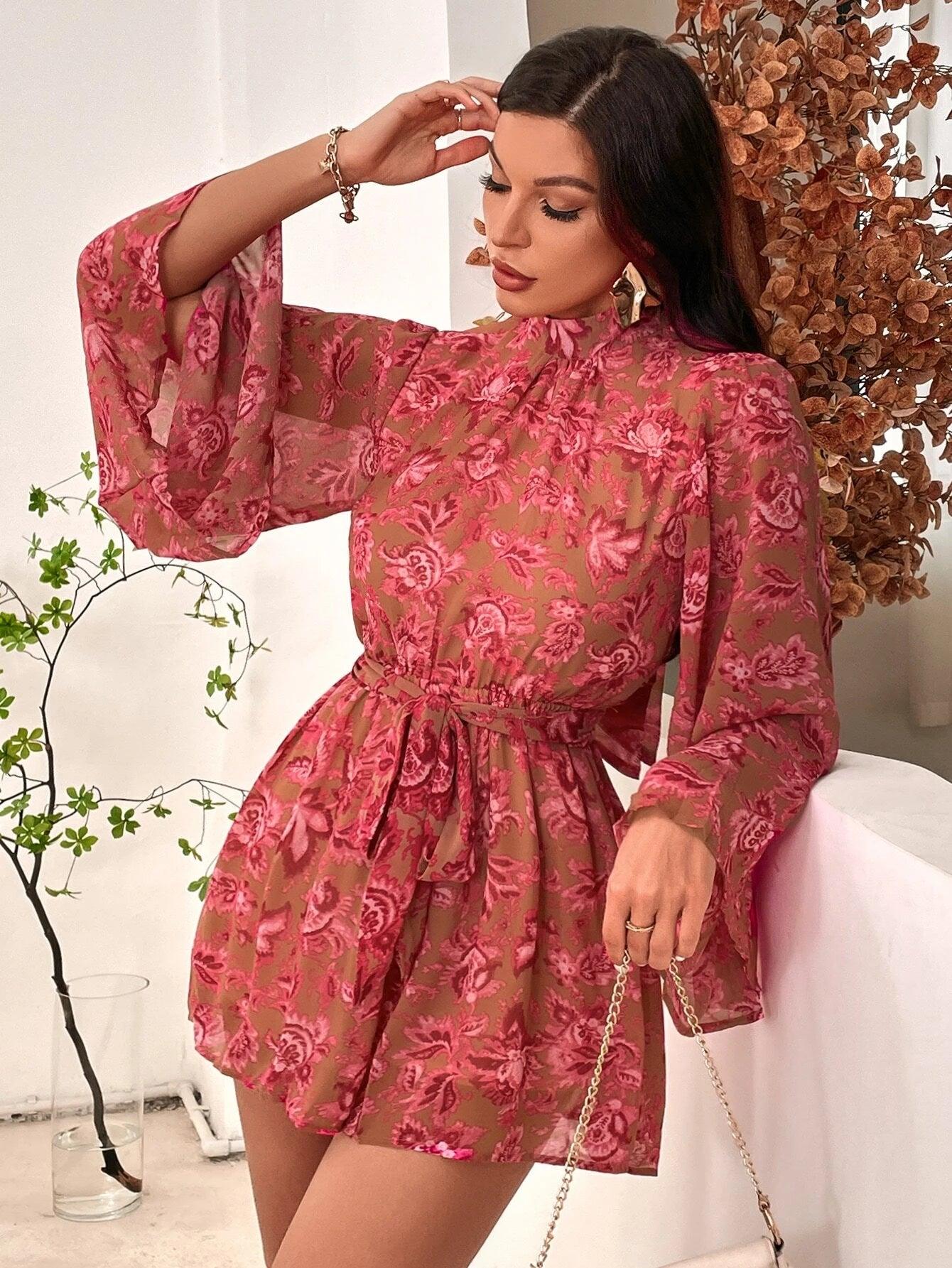 Print Tie Back Trumpet Sleeve Romper-Comfy Jumpsuits