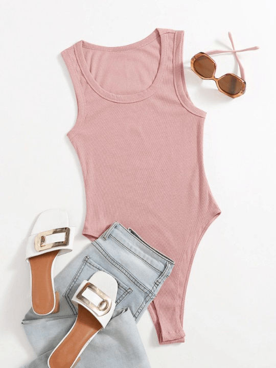 Scoop Neckline Solid Colored Bodysuit-Comfy Jumpsuits