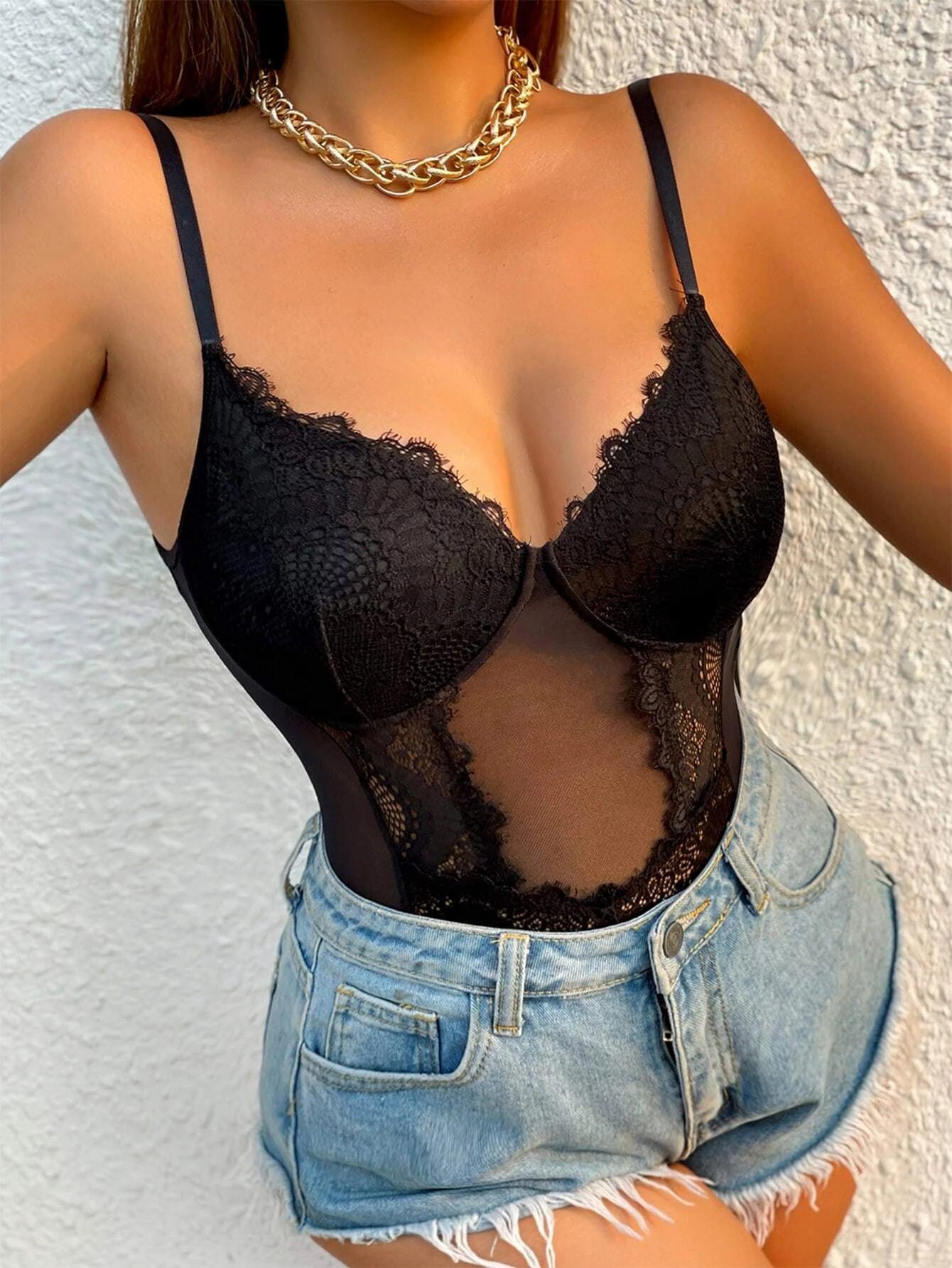 Solid Coloured Lace Cami Bodysuit-Comfy Jumpsuits