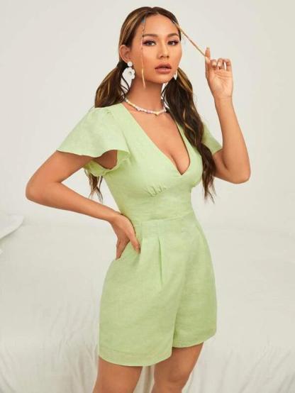 Plunging Neck Butterfly Sleeve Boho Style Romper-Comfy Jumpsuits