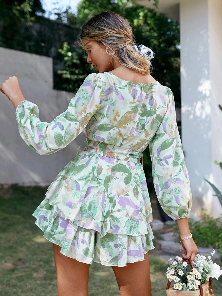 Simplee Floral Print Lantern Sleeve Belted Layered Ruffle Romper-Comfy Jumpsuits